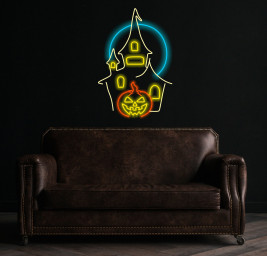 Haunted Castle Neon, Ghostly Pumpkin Neon Lights, Ghostly Glow Pumpkin Sign, Haunted Pumpkin Neon Display, Halloween Spirit Neon Sign