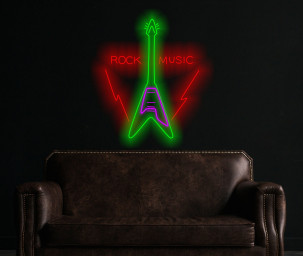 Rock Music Guitar Neon Sign, Electric Guitar Neon Sign, Guitar Neon Sign With Rock Logo, Custom Guitar Neon Sign, Rock Music Neon Wall Art