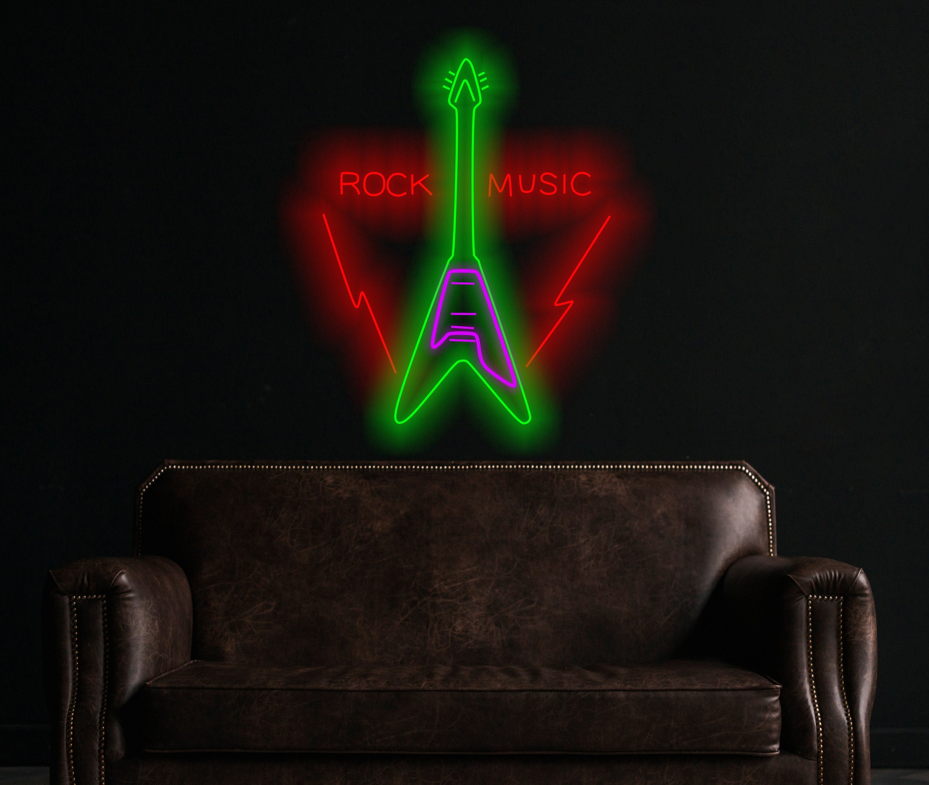 Rock Music Guitar Neon Sign, Electric Guitar Neon Sign, Guitar Neon Sign With Rock Logo, Custom Guitar Neon Sign, Rock Music Neon Wall Art