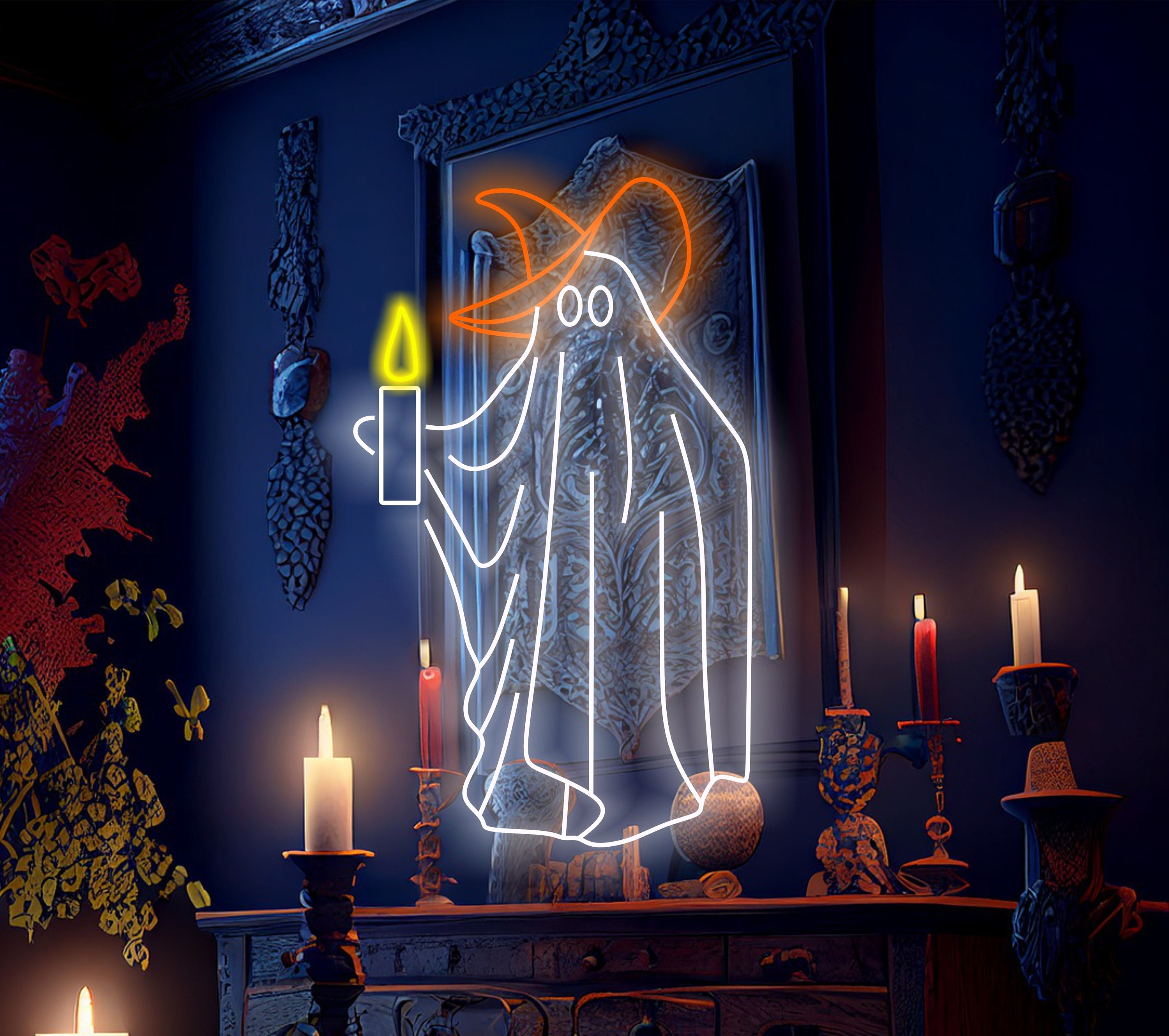 Halloween Ghost neon sign, Ghost Holding A Candle neon sign, Neon sign with Ghost for Halloween, Spooky Ghost neon light, Ghost LED neon sign