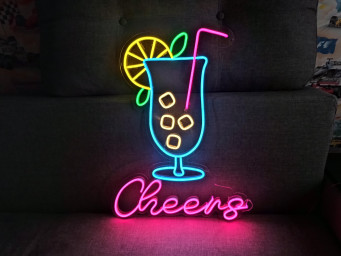 Neon Cocktail Sign, Cheers Neon Sign, Led Neon Cocktails Sign With Cheers, Cocktail Glass Neon Light, Cocktail Bar Neon Sign