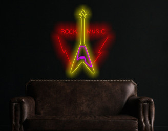 Rock Music Guitar Neon Sign, Electric Guitar Neon Sign, Guitar Neon Sign With Rock Logo, Custom Guitar Neon Sign, Rock Music Neon Wall Art