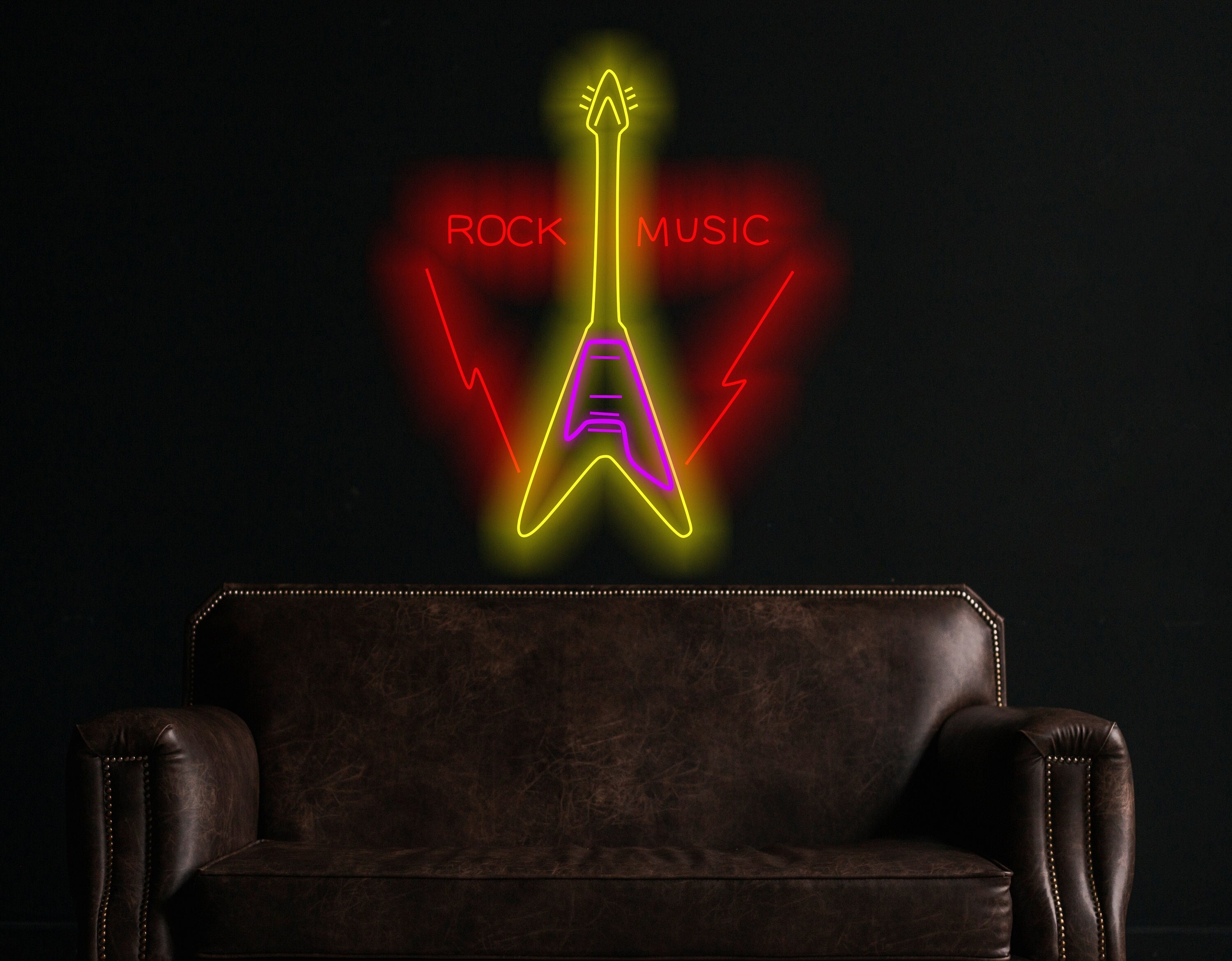Rock Music Guitar Neon Sign, Electric Guitar Neon Sign, Guitar Neon Sign With Rock Logo, Custom Guitar Neon Sign, Rock Music Neon Wall Art