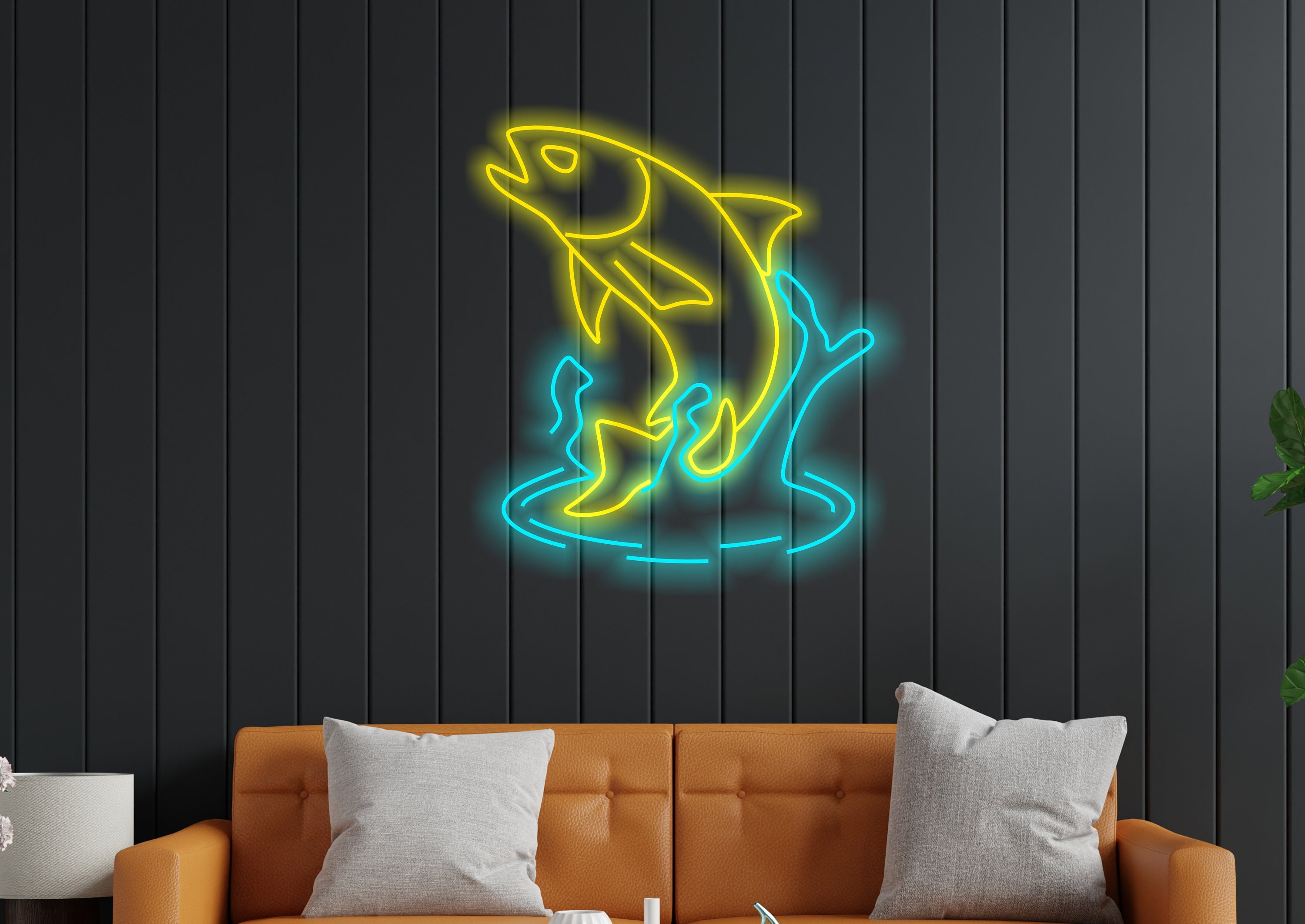 Salmon Fish Neon Sign, Neon Sign As A Gift For A Fisherman, Alaskan Salmon In Water Neon Sign, Silver Salmon Neon