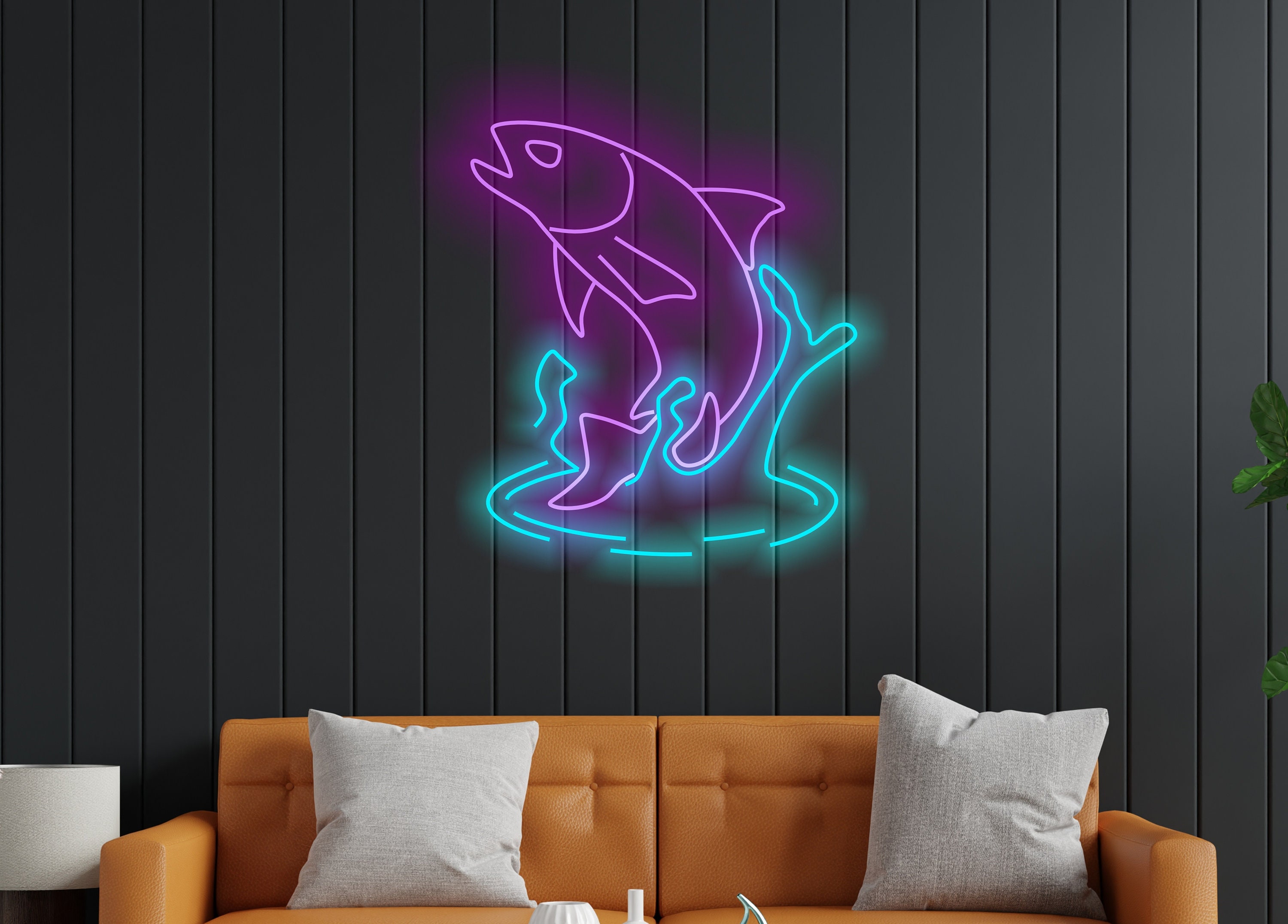 Salmon Fish Neon Sign, Neon Sign As A Gift For A Fisherman, Alaskan Salmon In Water Neon Sign, Silver Salmon Neon