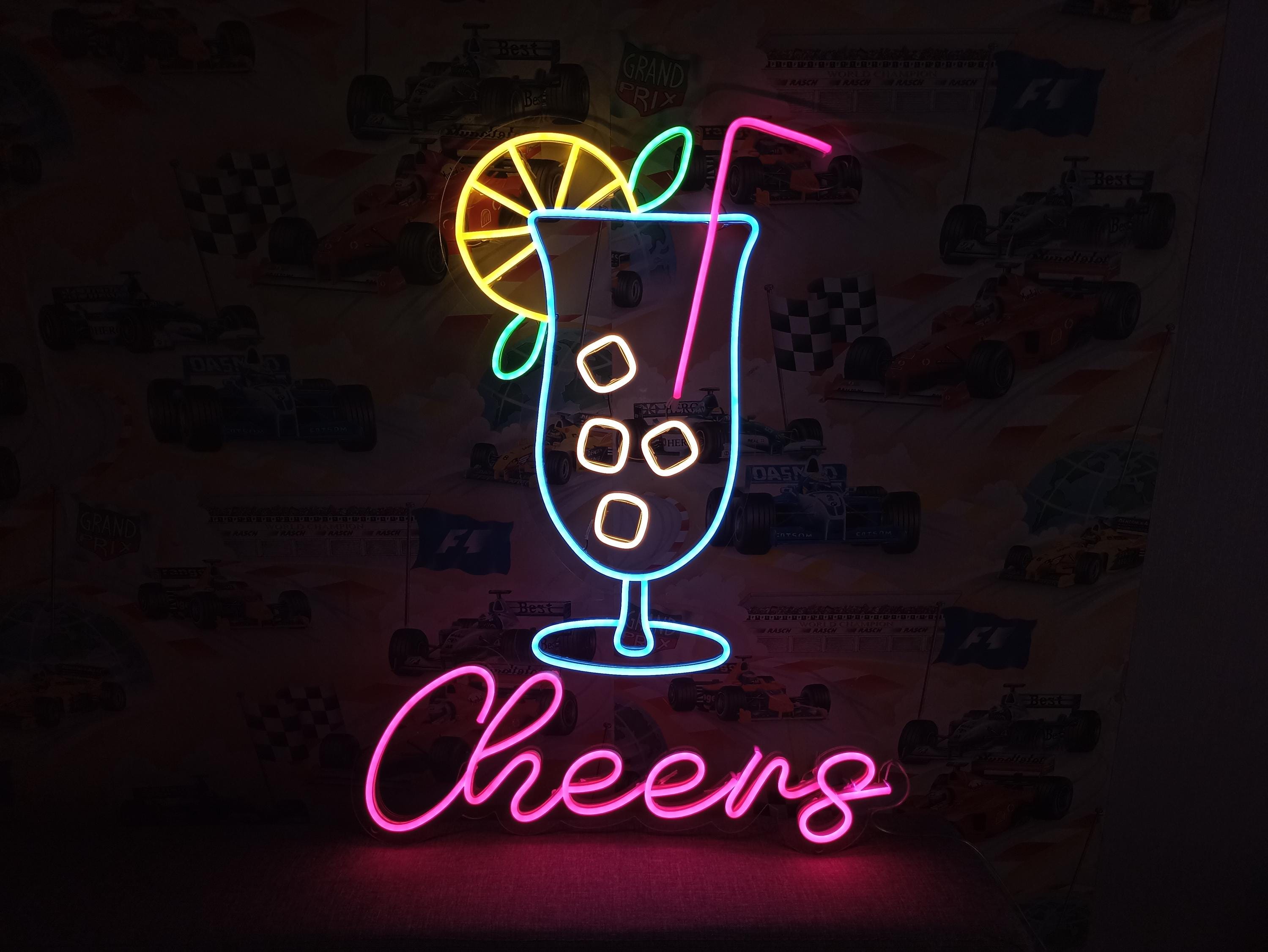 Neon Cocktail Sign, Cheers Neon Sign, Led Neon Cocktails Sign With Cheers, Cocktail Glass Neon Light, Cocktail Bar Neon Sign