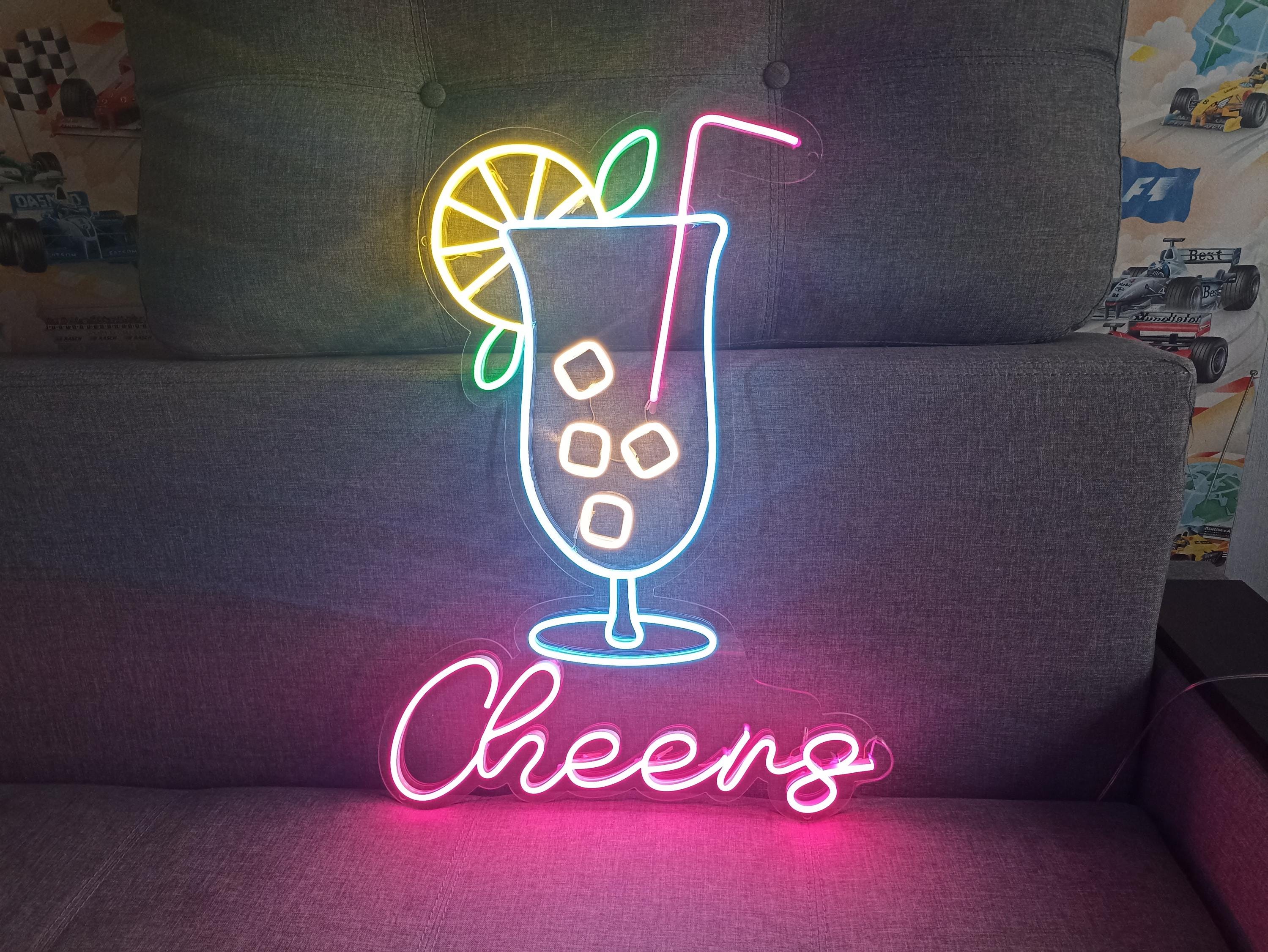 Neon Cocktail Sign, Cheers Neon Sign, Led Neon Cocktails Sign With Cheers, Cocktail Glass Neon Light, Cocktail Bar Neon Sign