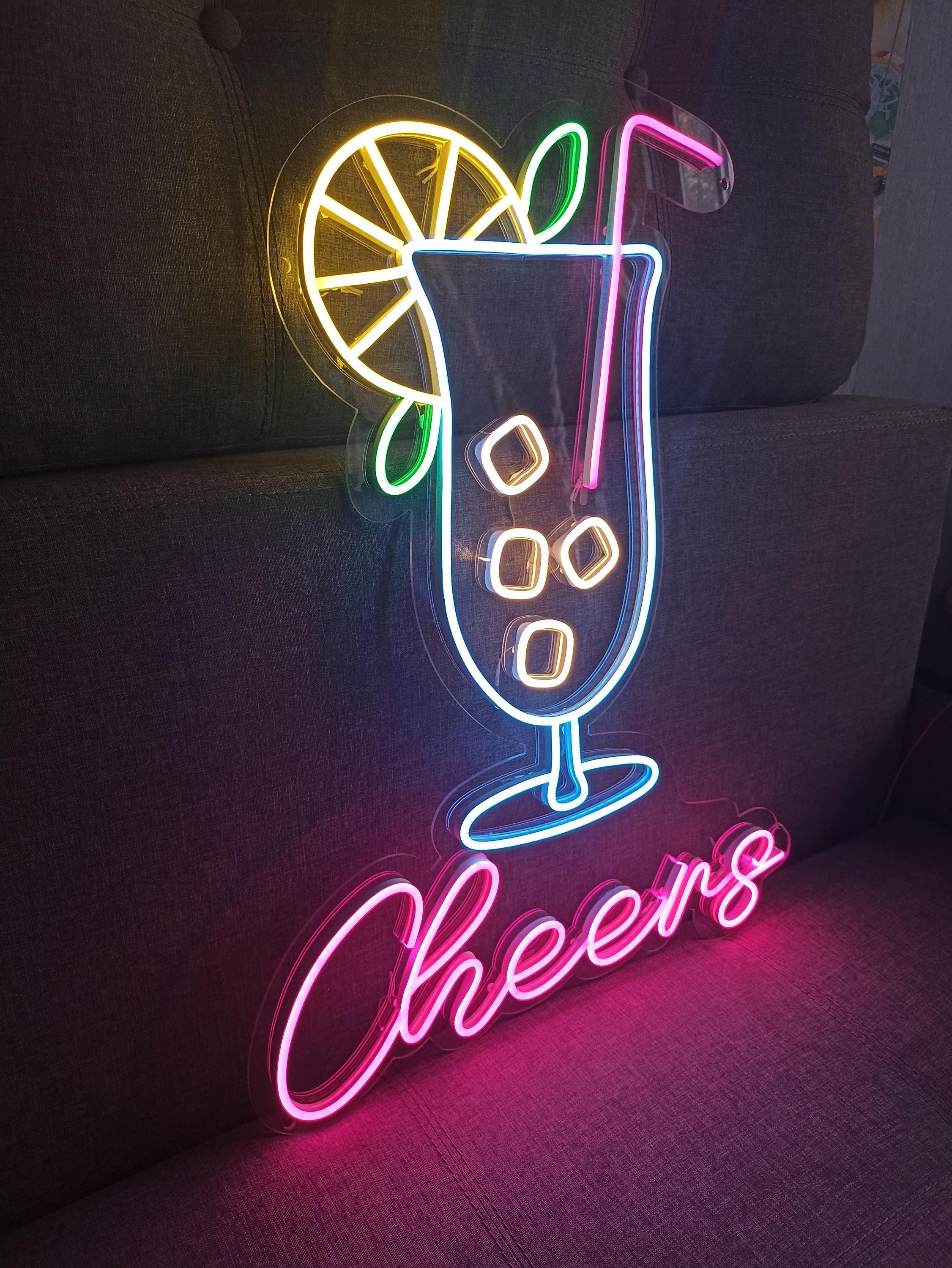 Neon Cocktail Sign, Cheers Neon Sign, Led Neon Cocktails Sign With Cheers, Cocktail Glass Neon Light, Cocktail Bar Neon Sign