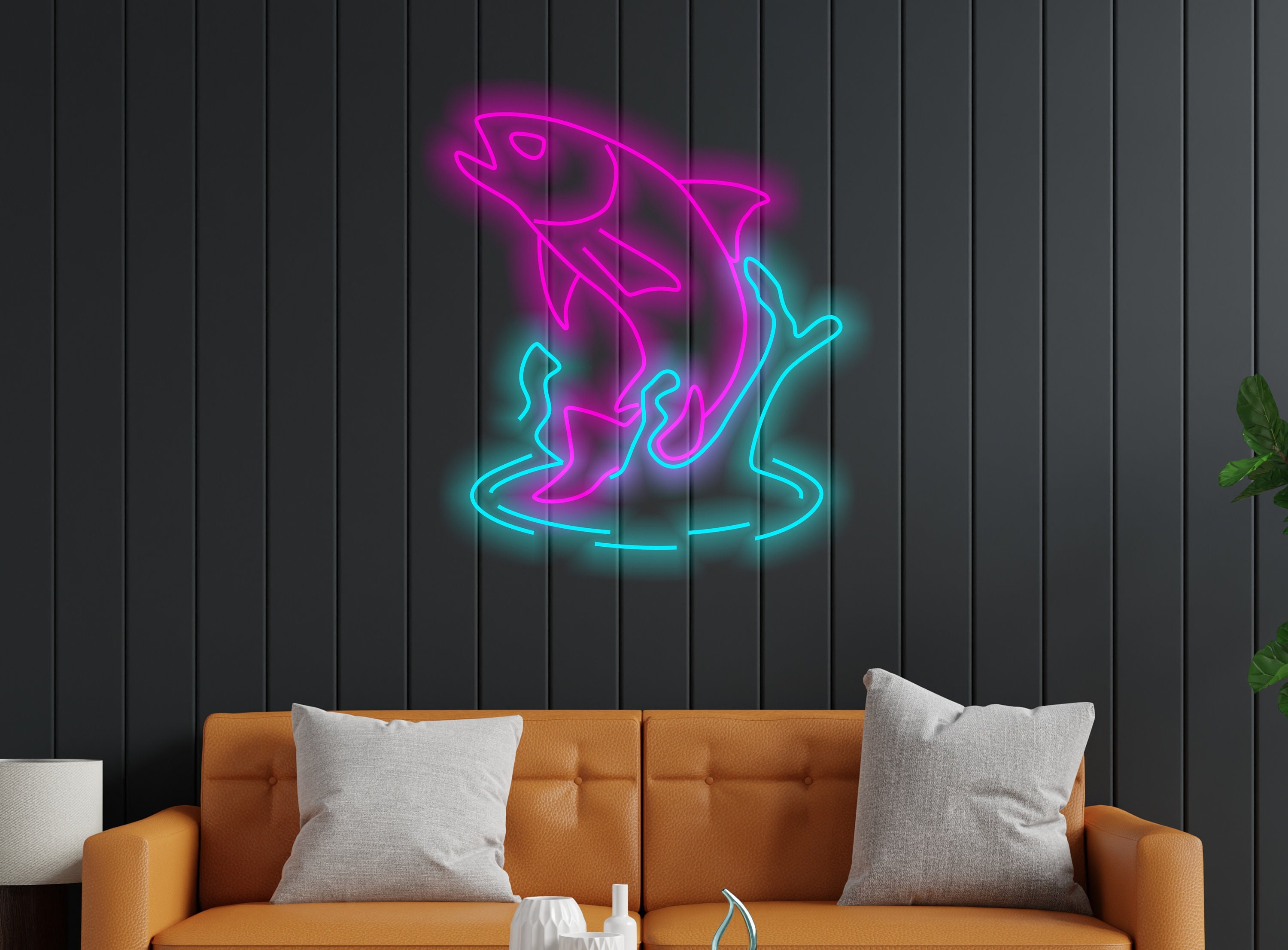 Salmon Fish Neon Sign, Neon Sign As A Gift For A Fisherman, Alaskan Salmon In Water Neon Sign, Silver Salmon Neon