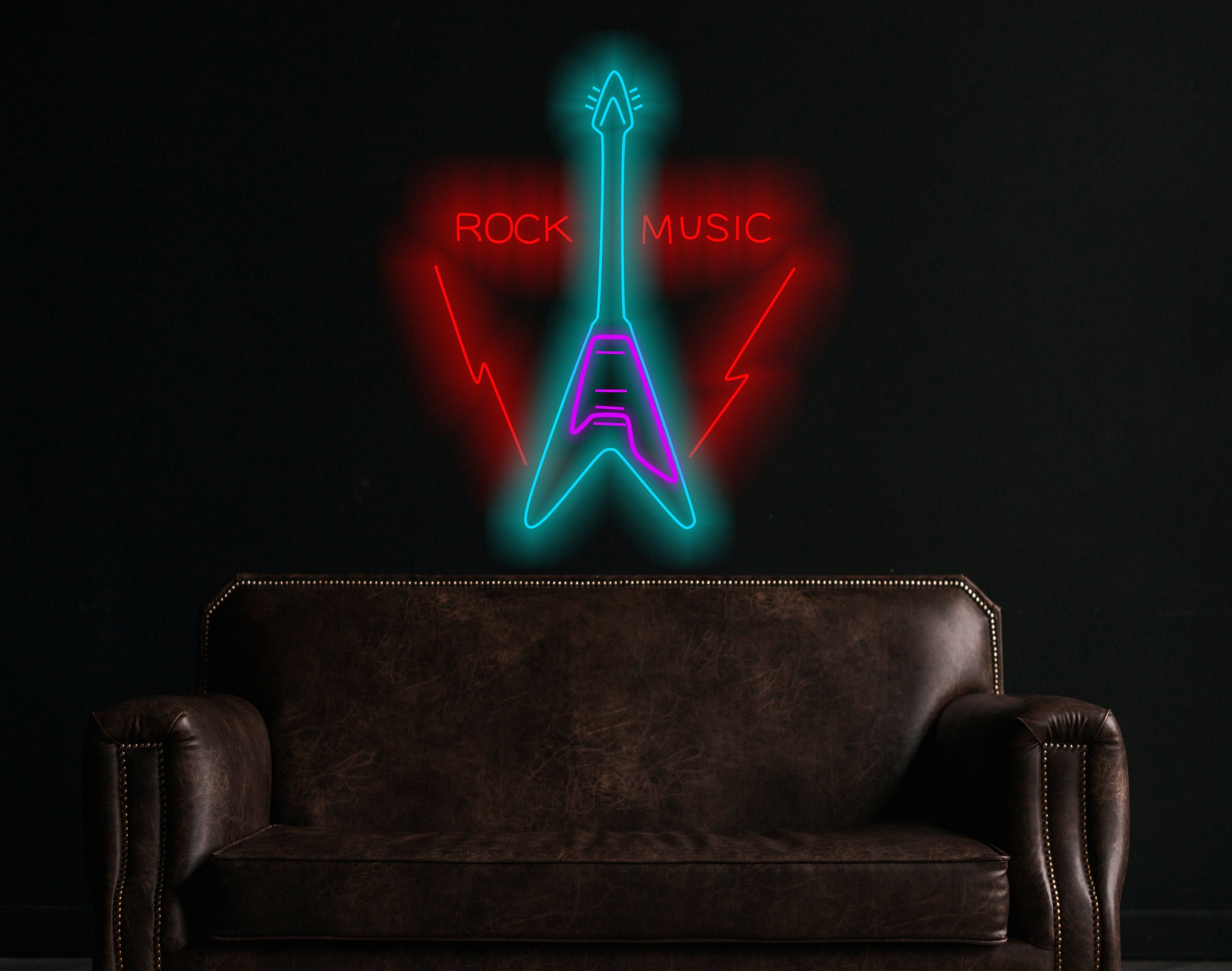 Rock Music Guitar Neon Sign, Electric Guitar Neon Sign, Guitar Neon Sign With Rock Logo, Custom Guitar Neon Sign, Rock Music Neon Wall Art