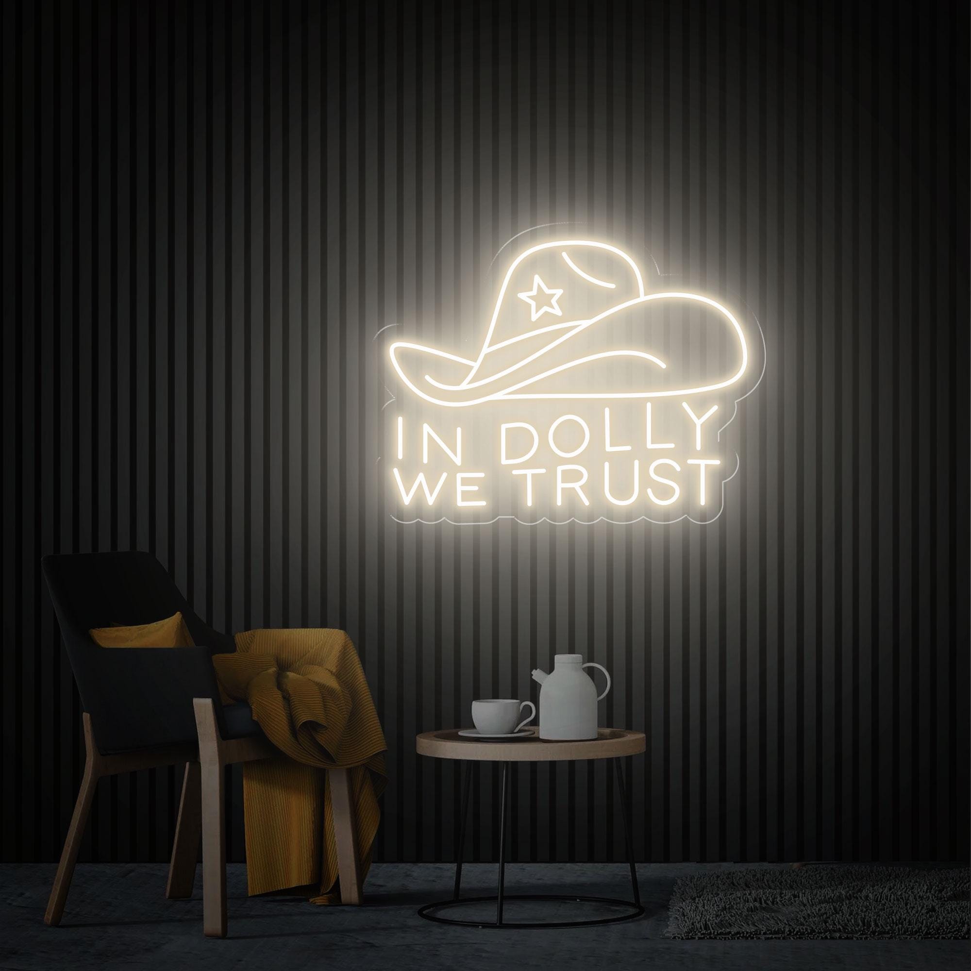 In Dolly We Trust Neon Sign, Cowboy Hat Led Sign, Custom Western Decor Sign, Cowboy Themed Party Decor, Personalized Gifts Bedroom Neon Sign