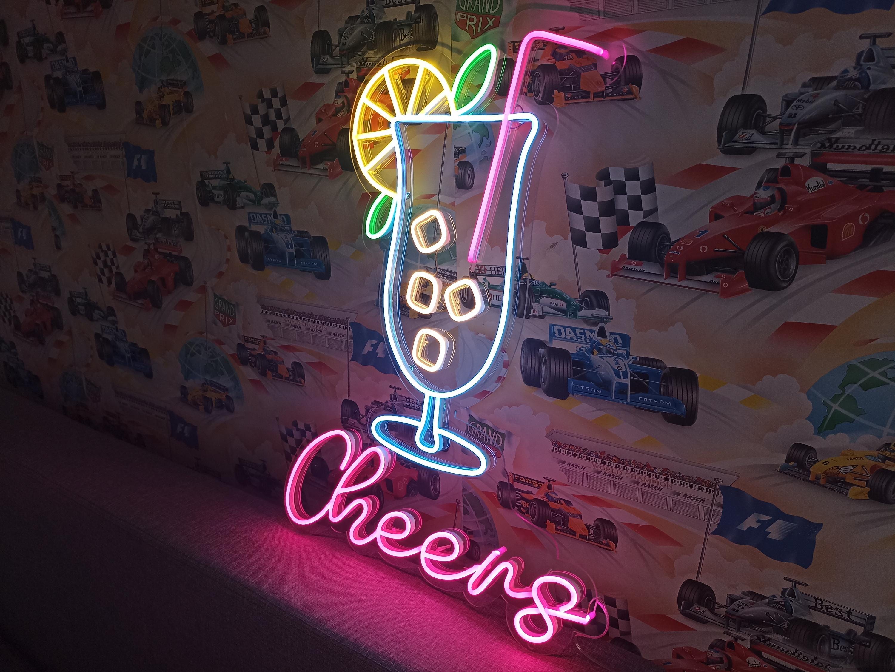 Neon Cocktail Sign, Cheers Neon Sign, Led Neon Cocktails Sign With Cheers, Cocktail Glass Neon Light, Cocktail Bar Neon Sign