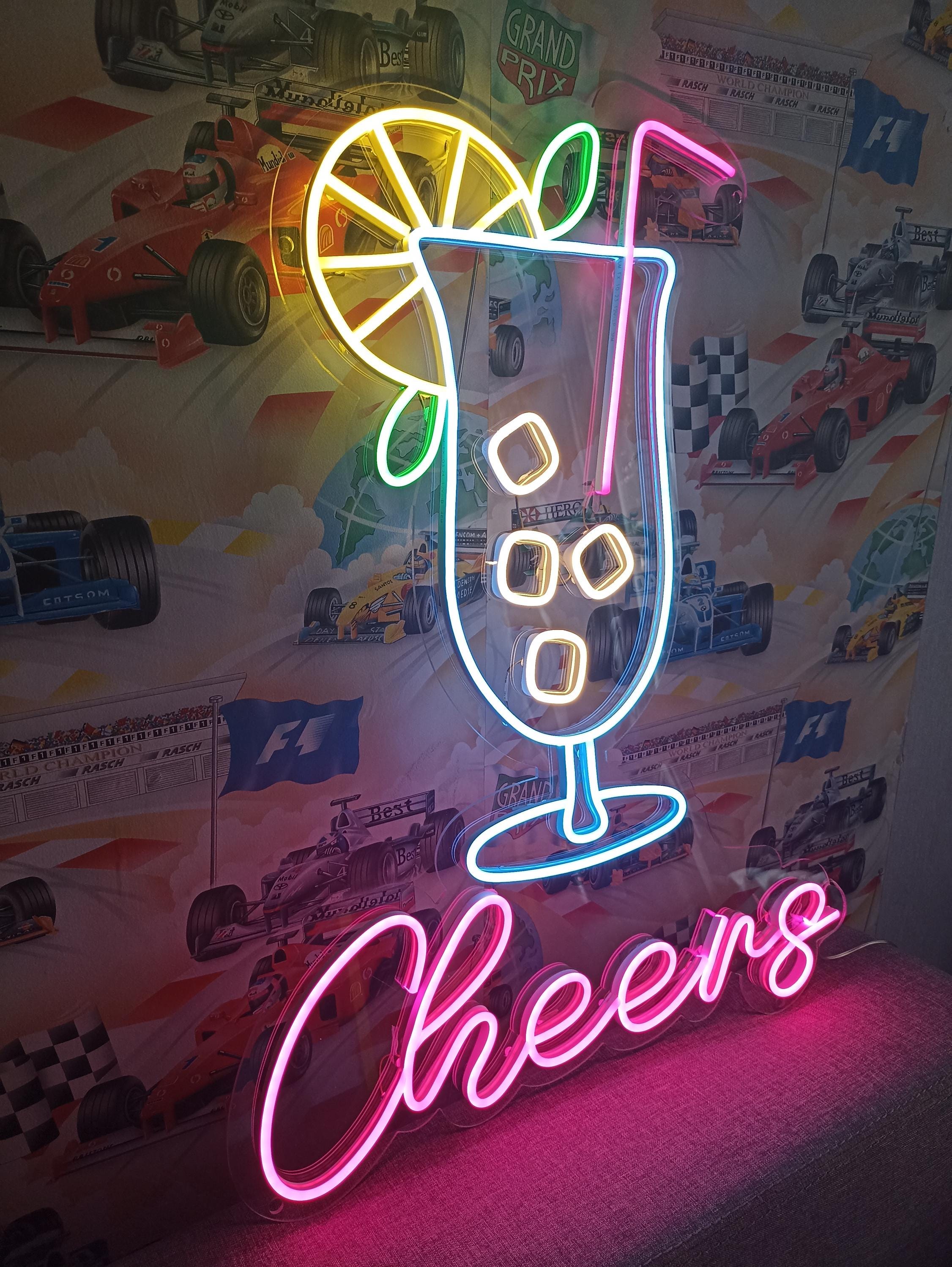 Neon Cocktail Sign, Cheers Neon Sign, Led Neon Cocktails Sign With Cheers, Cocktail Glass Neon Light, Cocktail Bar Neon Sign