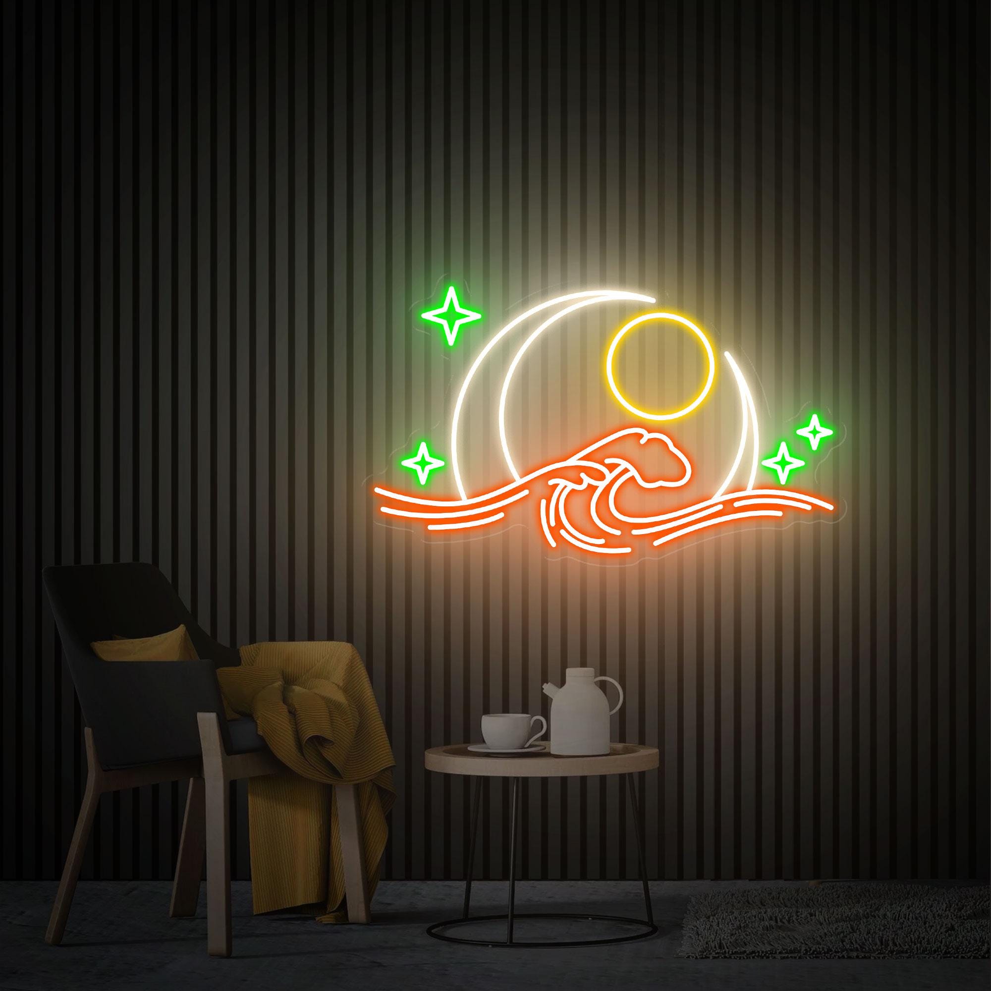 Wave Moon Neon Sign, Moon and Sun Neon Wall Art, Wave Ocean Neon Sign, Custom Neon Sign, Beach Led Lights, Home Bedroom Decor Christmas Gift