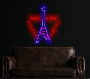 Rock Music Guitar Neon Sign, Electric Guitar Neon Sign, Guitar Neon Sign With Rock Logo, Custom Guitar Neon Sign, Rock Music Neon Wall Art