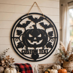Personalized Halloween Metal Sign, Custom Name Jack O Lantern Bats Wall Art, Round Spooky Door Decor, Pumpkin Fall Porch Sign Gift