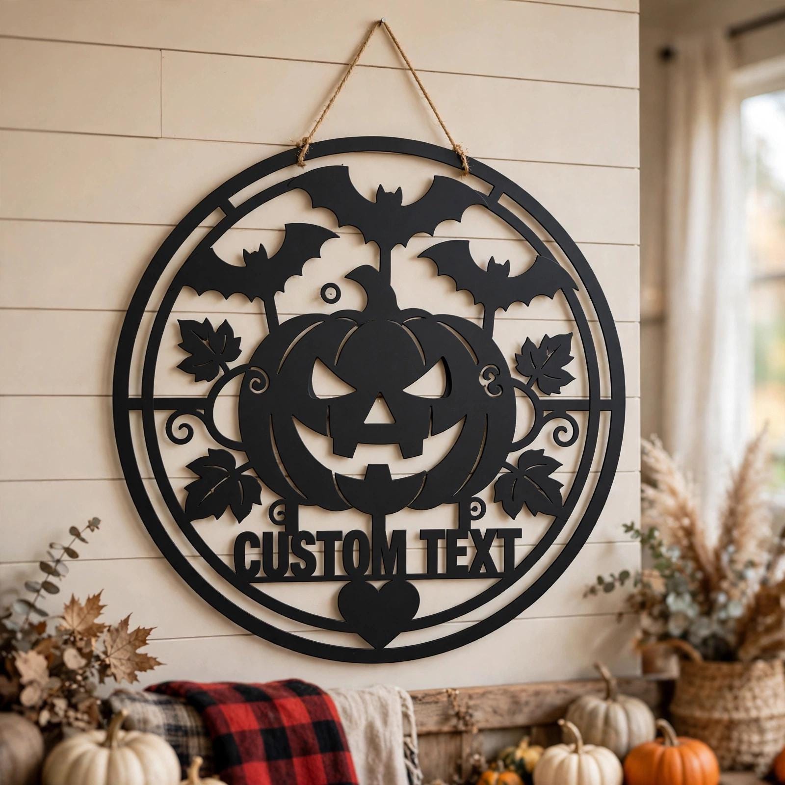 Personalized Halloween Metal Sign, Custom Name Jack O Lantern Bats Wall Art, Round Spooky Door Decor, Pumpkin Fall Porch Sign Gift