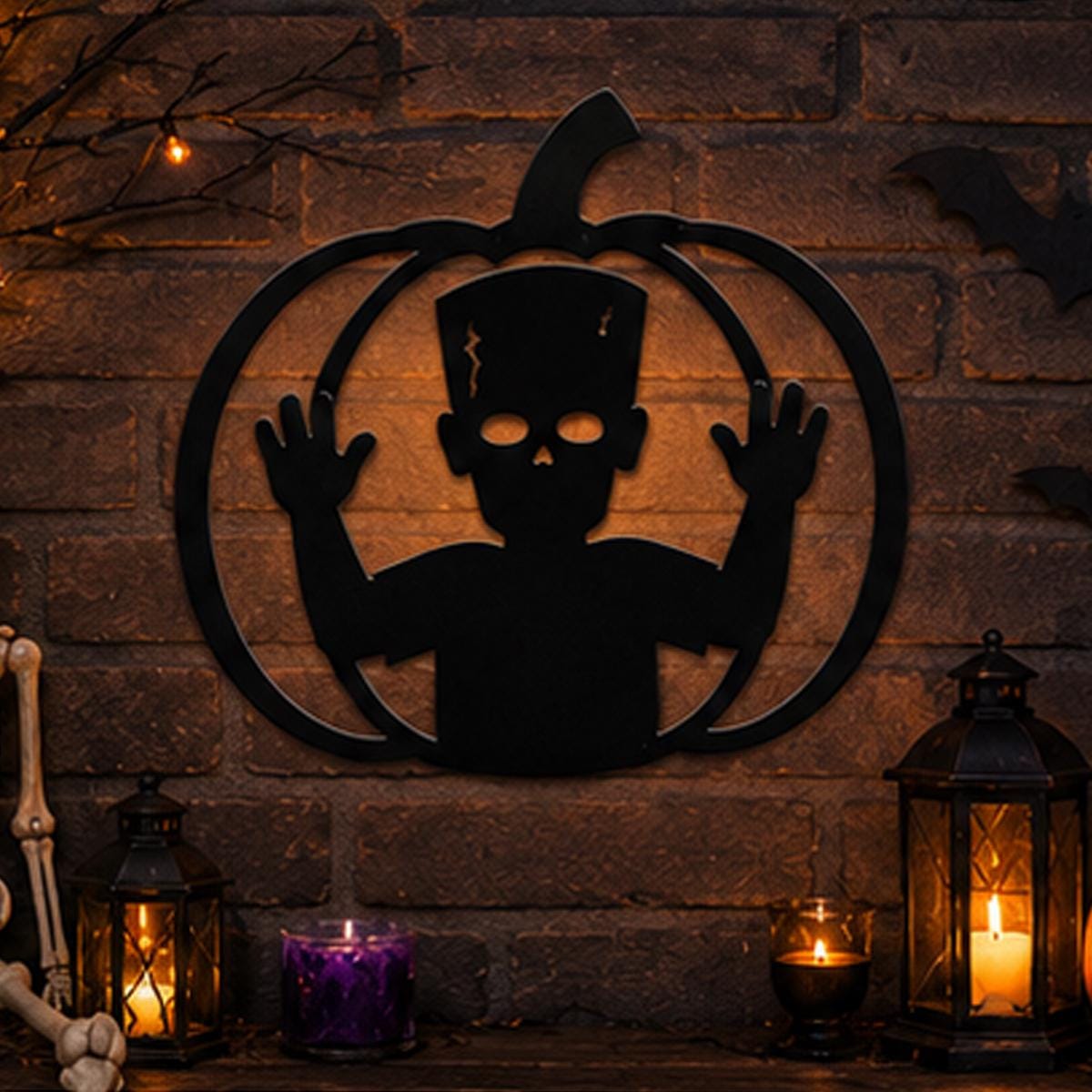 Halloween Metal Sign, Skeleton Pumpkin Wall Decor, Spooky Halloween Home Decoration, Gothic Pumpkin Sign, Halloween Party Decor