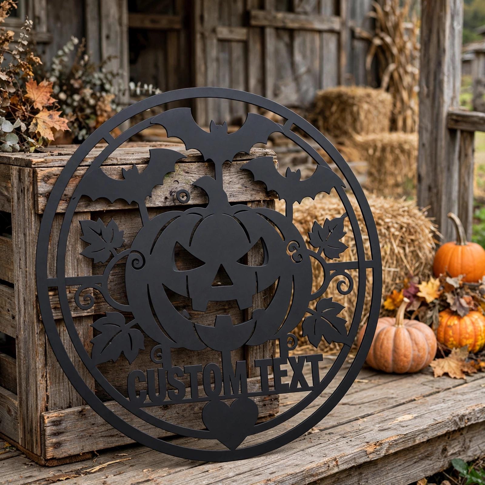 Personalized Halloween Metal Sign, Custom Name Jack O Lantern Bats Wall Art, Round Spooky Door Decor, Pumpkin Fall Porch Sign Gift