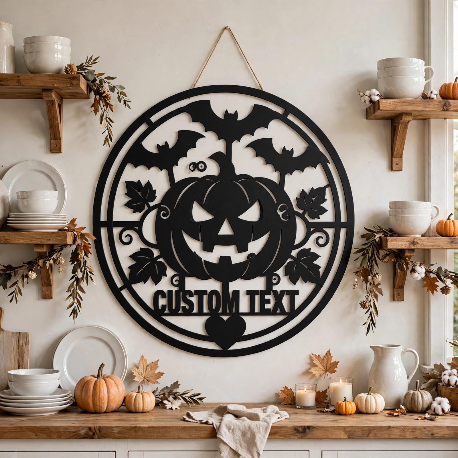 Personalized Halloween Metal Sign, Custom Name Jack O Lantern Bats Wall Art, Round Spooky Door Decor, Pumpkin Fall Porch Sign Gift
