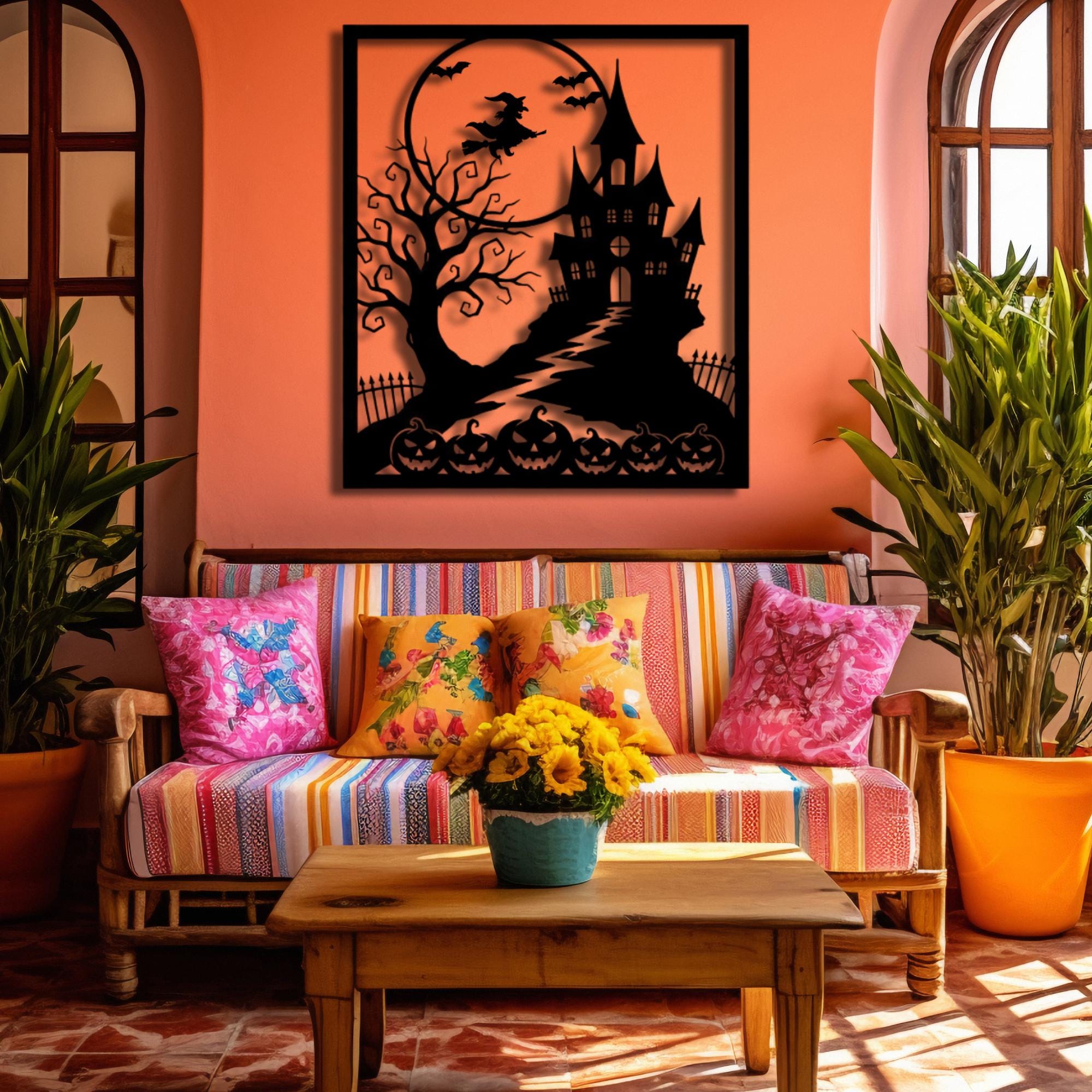 Halloween Metal Wall Art: Witch, Haunted House, Pumpkin & Bats