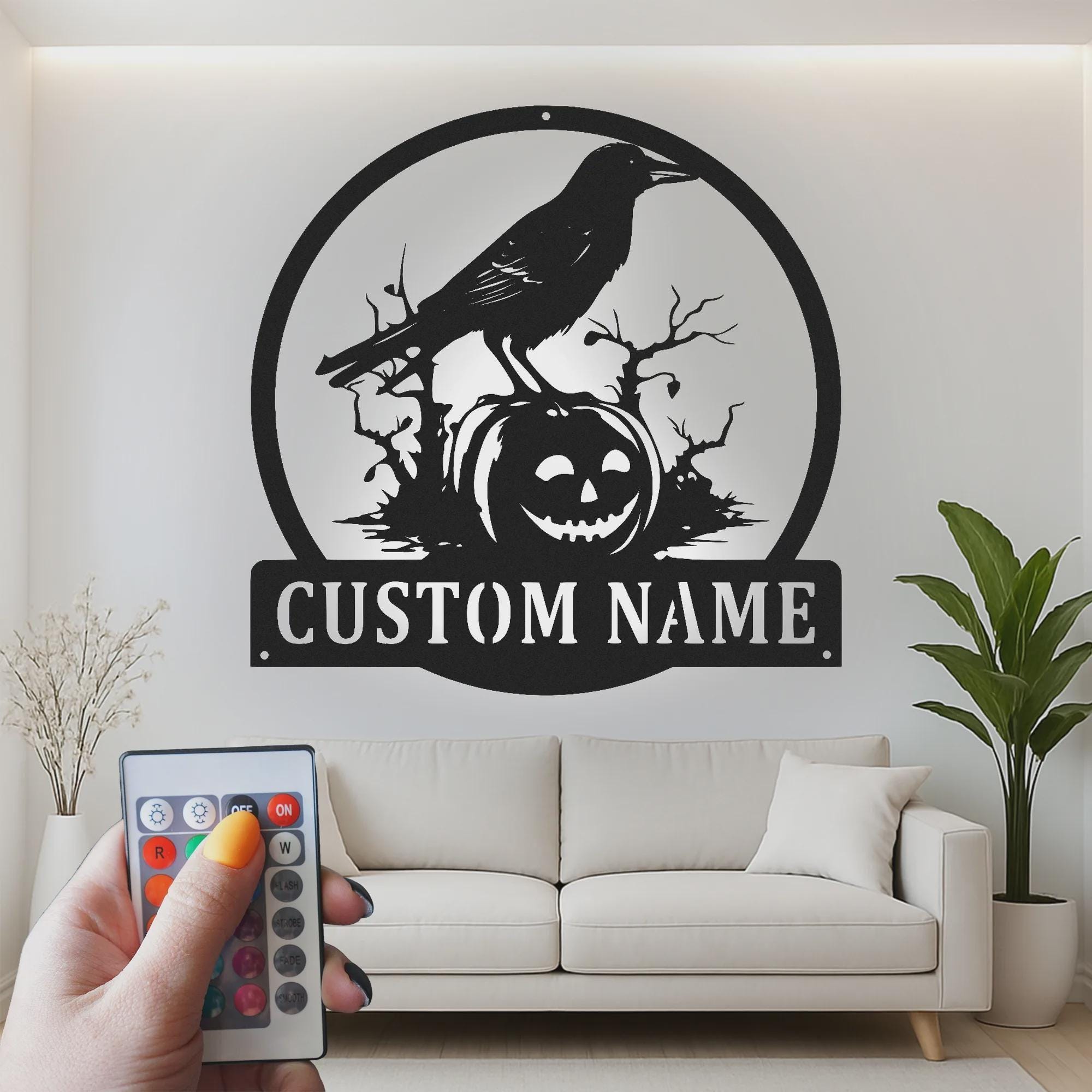 Custom Halloween Crow Pumpkin Metal Wall Art with LED Lights | Spooky Decor