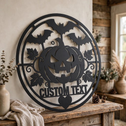 Personalized Halloween Metal Sign, Custom Name Jack O Lantern Bats Wall Art, Round Spooky Door Decor, Pumpkin Fall Porch Sign Gift