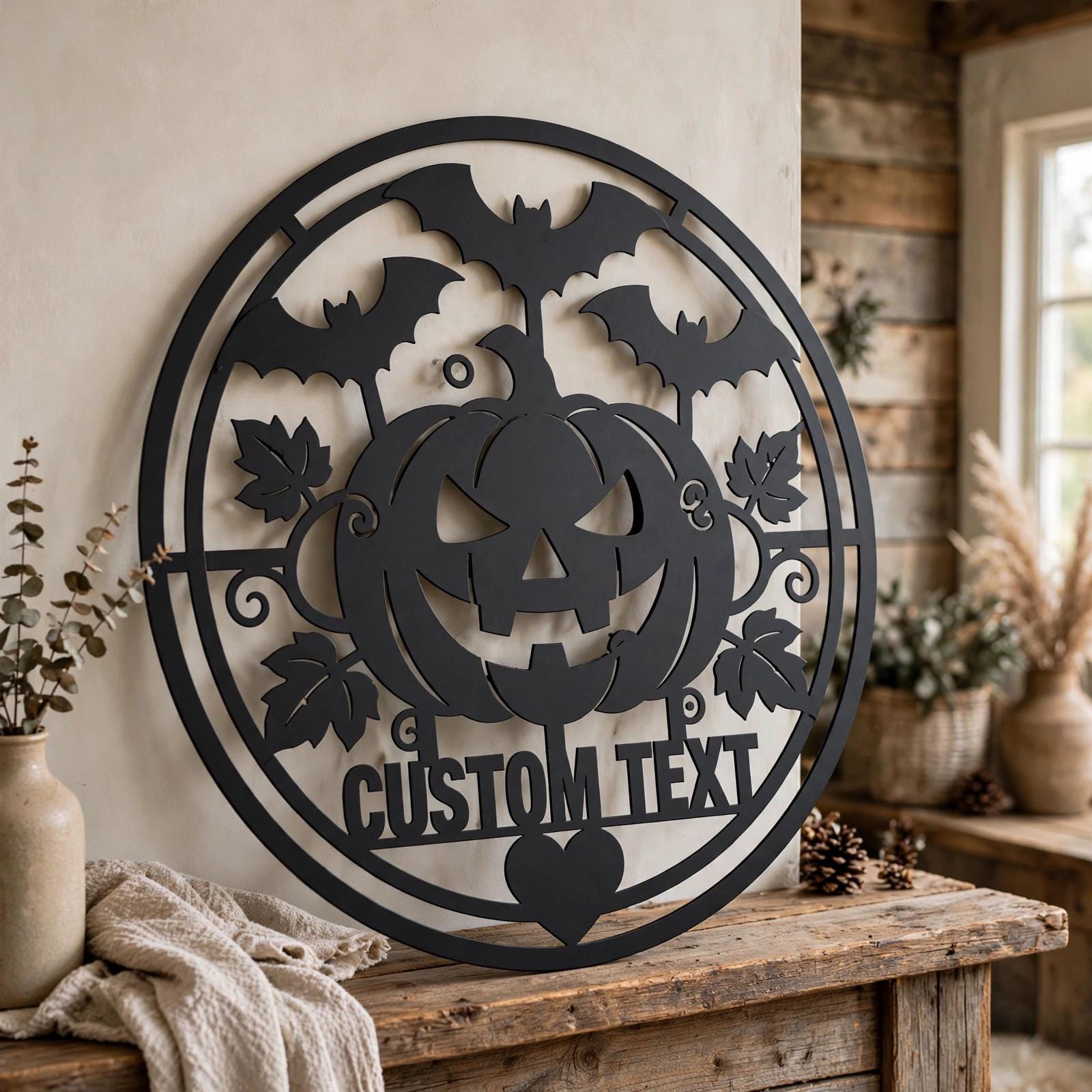 Personalized Halloween Metal Sign, Custom Name Jack O Lantern Bats Wall Art, Round Spooky Door Decor, Pumpkin Fall Porch Sign Gift