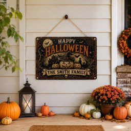 Personalized Halloween Metal Sign, Custom Family Name Yard Sign, Vintage Pumpkin Witch Garden Decor, Outdoor Halloween Decoration Gift