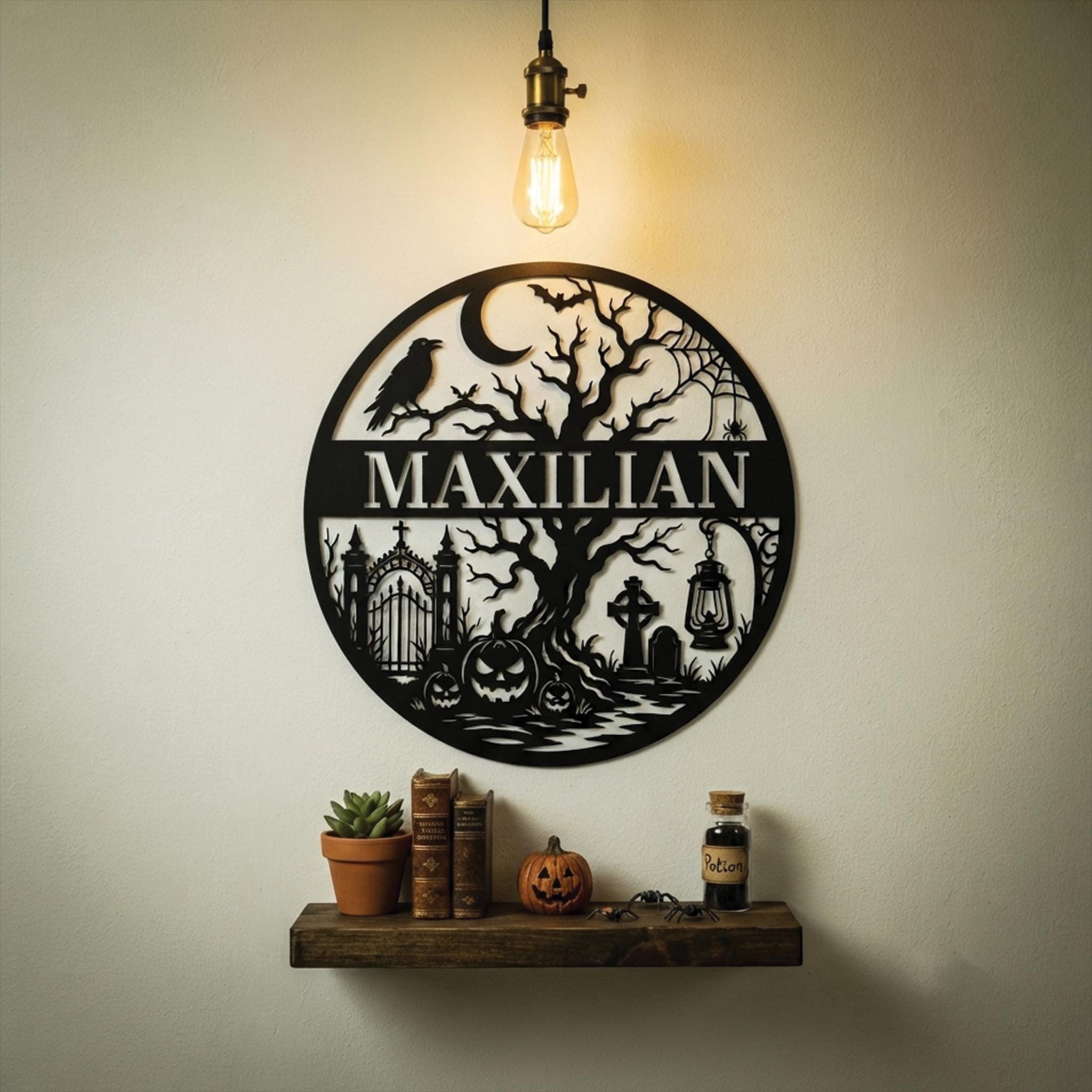 Custom LED Metal Sign, Personalized Halloween Name Decor, Spooky Cemetery Wall Art, Glowing Pumpkin Plaque, Gothic Family Gift