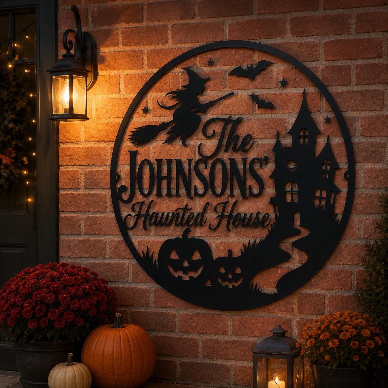 Personalized Haunted House Metal Sign, Custom Family Halloween Wall Decor, Witch Pumpkin Porch Sign, Spooky Round Metal Art