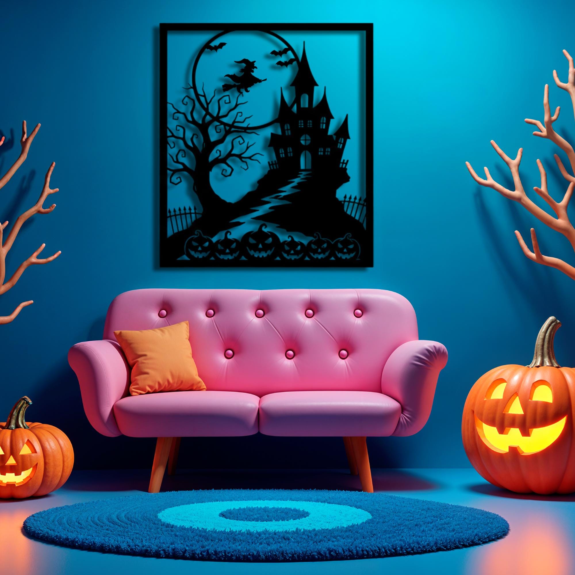 Halloween Metal Wall Art: Witch, Haunted House, Pumpkin & Bats
