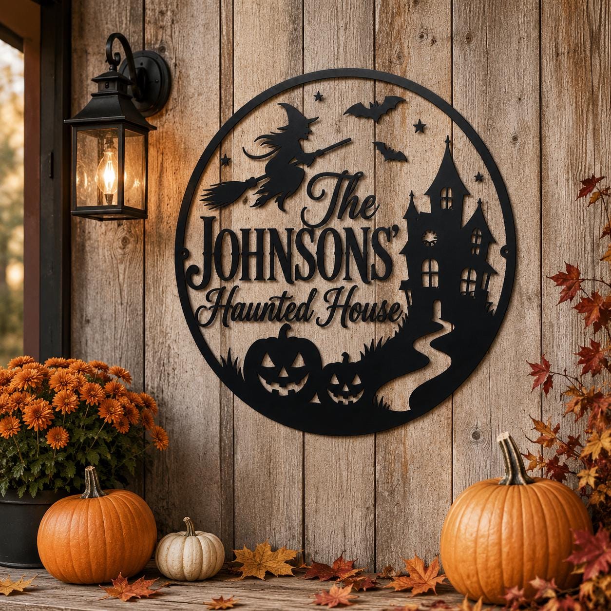 Personalized Haunted House Metal Sign, Custom Family Halloween Wall Decor, Witch Pumpkin Porch Sign, Spooky Round Metal Art