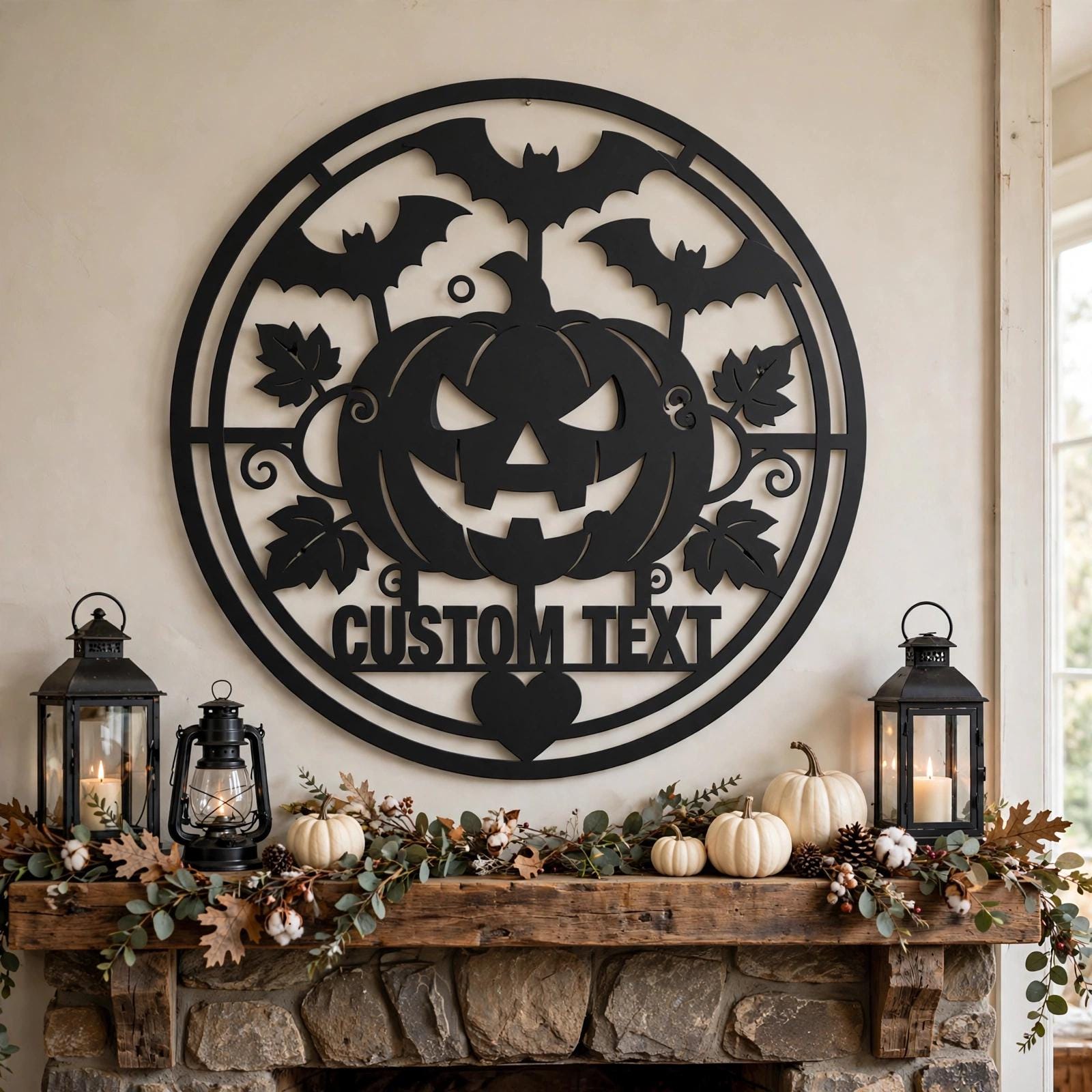 Personalized Halloween Metal Sign, Custom Name Jack O Lantern Bats Wall Art, Round Spooky Door Decor, Pumpkin Fall Porch Sign Gift