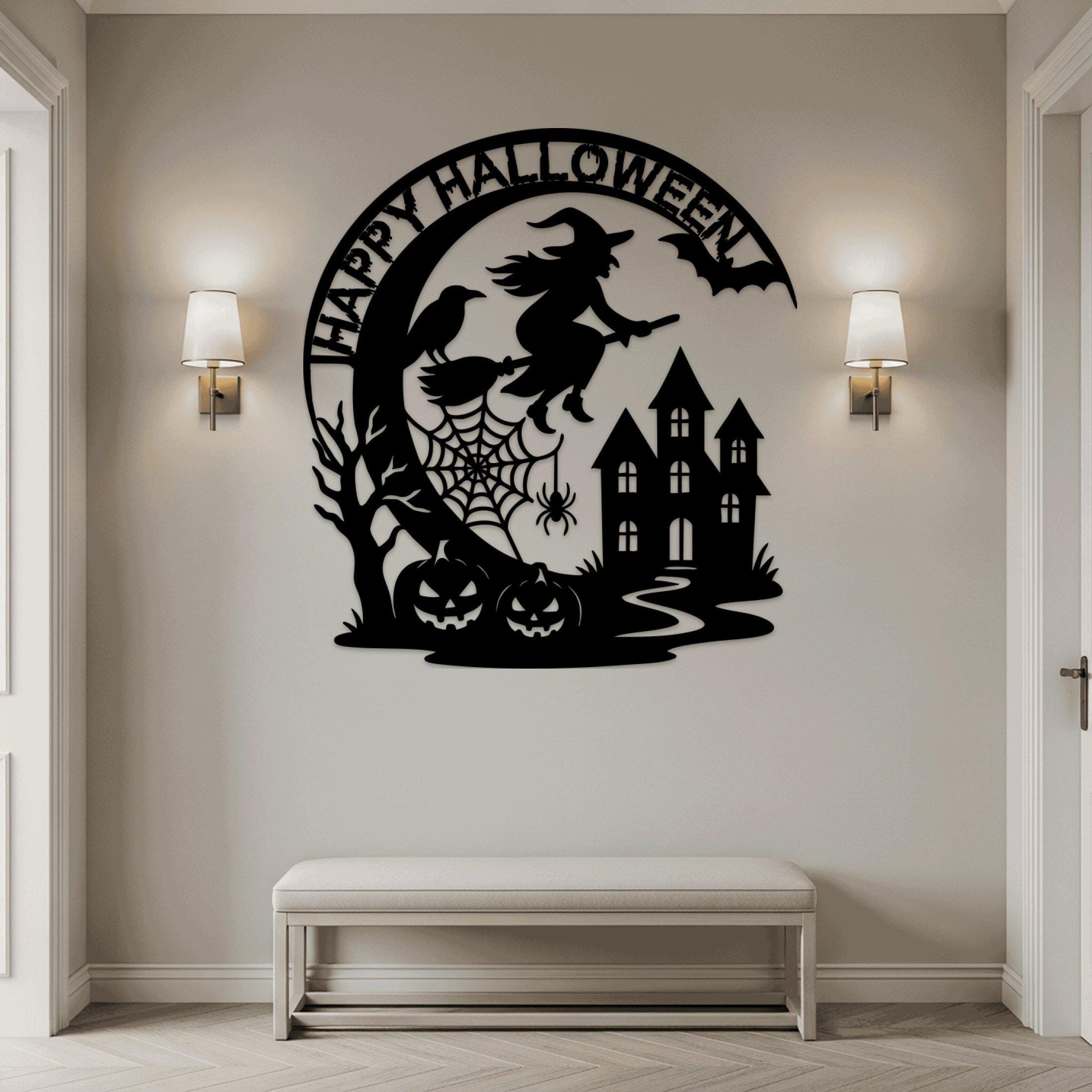 Custom Halloween Metal Wall Art, Haunted House Decor, Personalized Flying Witch Sign, Halloween Spider Art, Spooky Home Sign, Halloween Gift