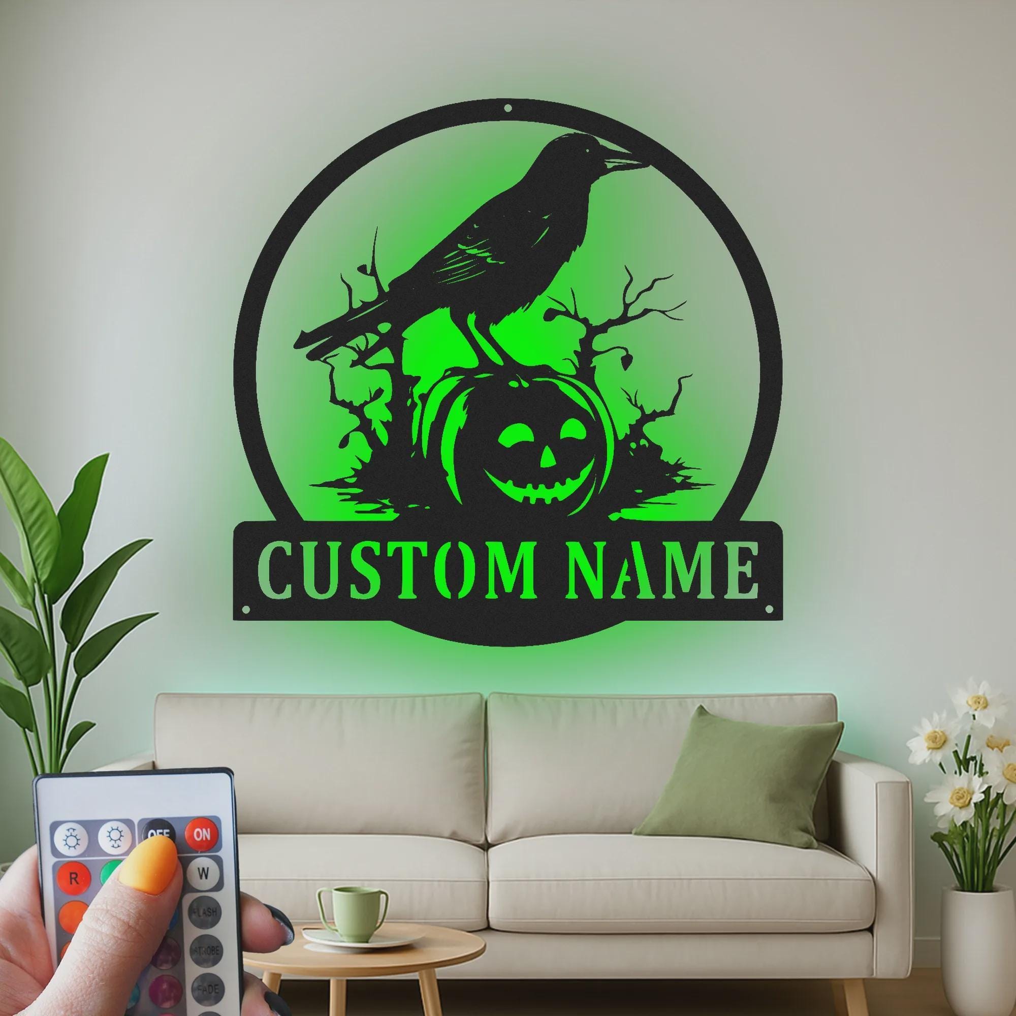 Custom Halloween Crow Pumpkin Metal Wall Art with LED Lights | Spooky Decor