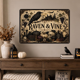Raven and Vine Gothic Halloween Metal Sign, Gothic Halloween, Raven Wall Decor, Halloween Sign, Gothic Home Decor, Spooky Wall Art