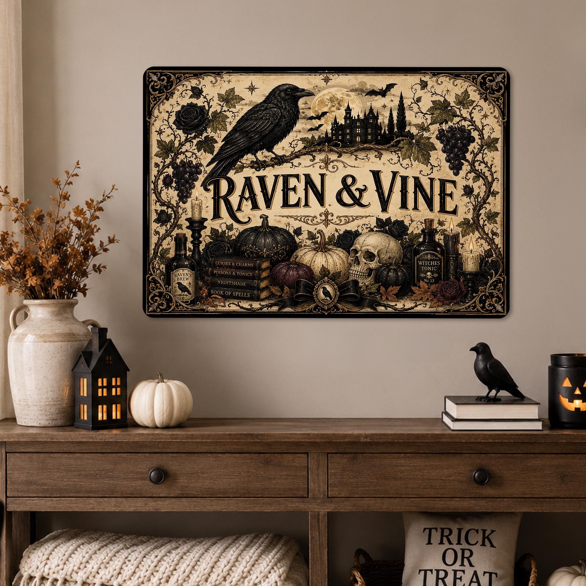 Raven and Vine Gothic Halloween Metal Sign, Gothic Halloween, Raven Wall Decor, Halloween Sign, Gothic Home Decor, Spooky Wall Art