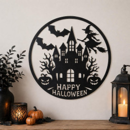 Halloween Metal Wall Art, Haunted House Decor, Witch and Bat Metal Sign, Spooky Castle Wall Decor, Halloween Home Decoration