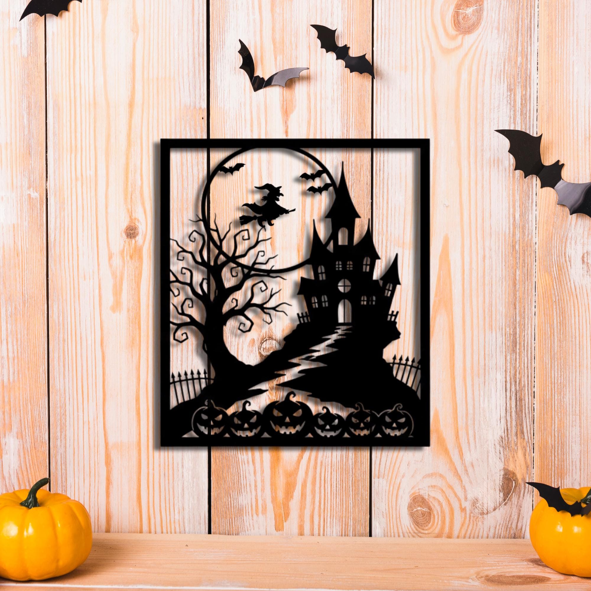 Halloween Metal Wall Art: Witch, Haunted House, Pumpkin & Bats