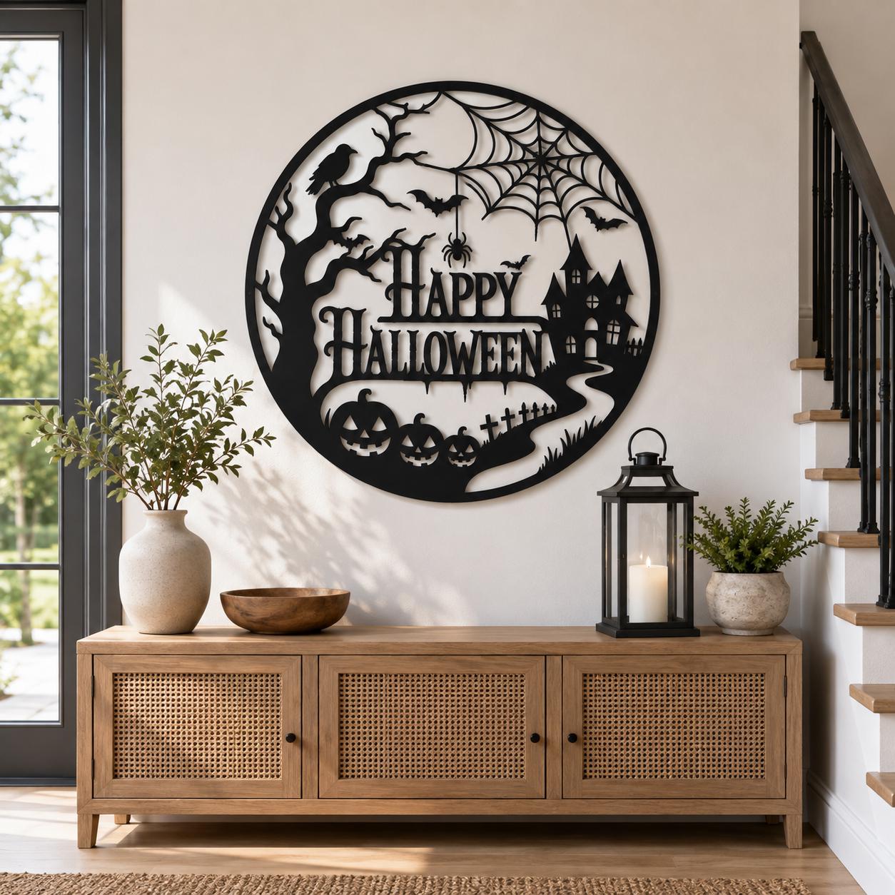 Halloween Door Sign, Metal Halloween Wall Art, Haunted House Decor, Pumpkin Wall Hanging, Gothic Halloween Porch Decor