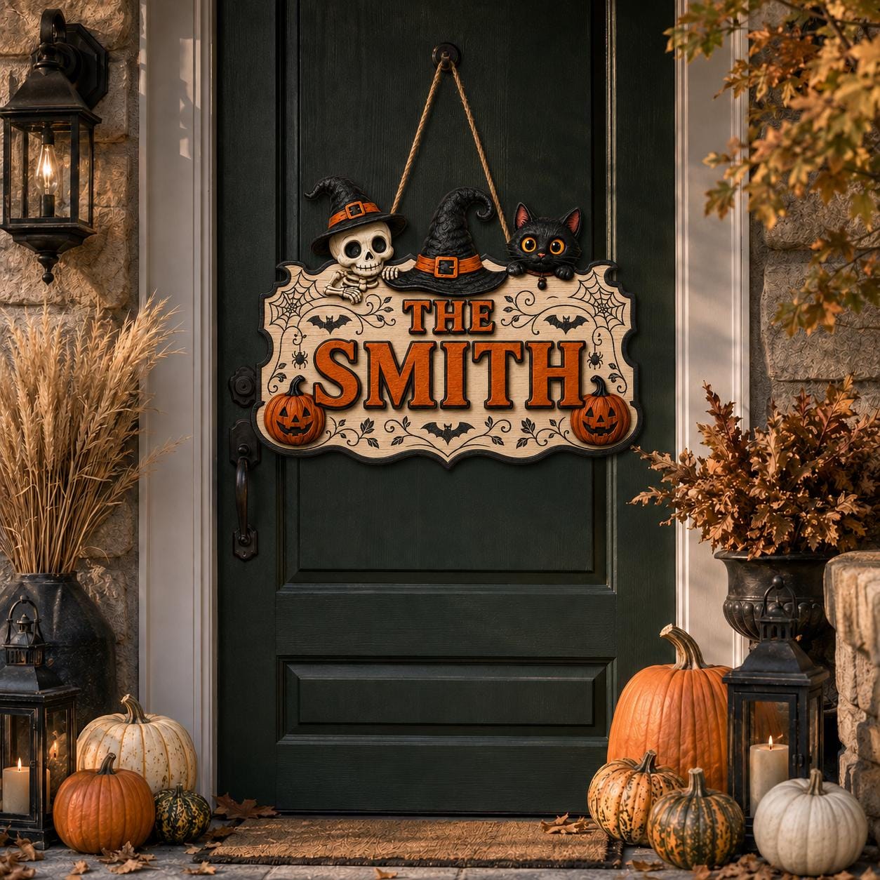 Personalized Halloween Door Sign, Custom Halloween Hanging Decorations, Custom Spooky Hanging Plaque with Black Cat, Skeleton & Pumpkins