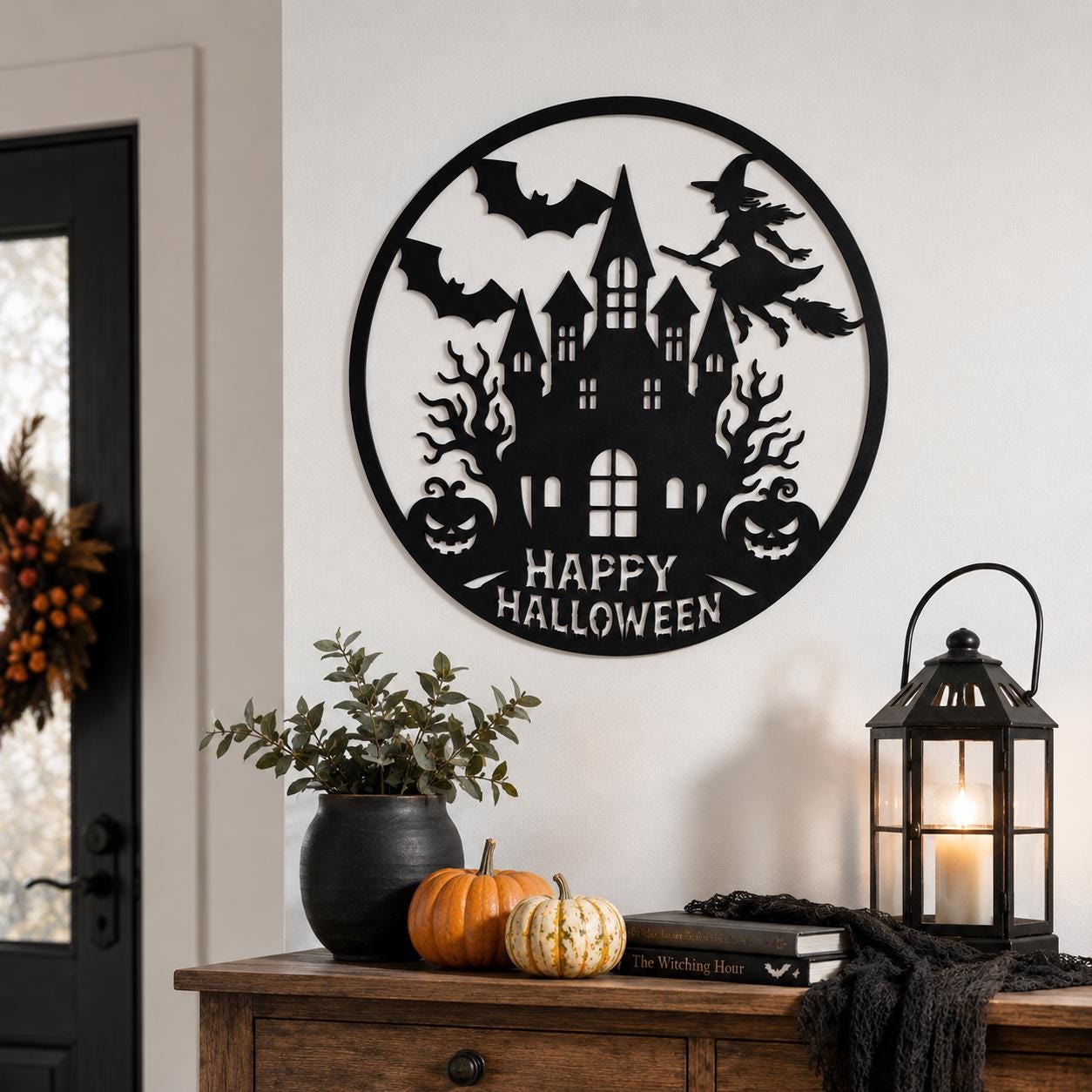 Halloween Metal Wall Art, Haunted House Decor, Witch and Bat Metal Sign, Spooky Castle Wall Decor, Halloween Home Decoration