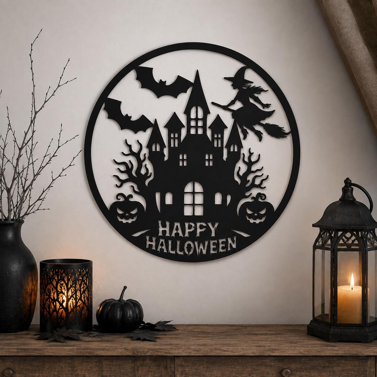 Halloween Metal Wall Art, Haunted House Decor, Witch and Bat Metal Sign, Spooky Castle Wall Decor, Halloween Home Decoration
