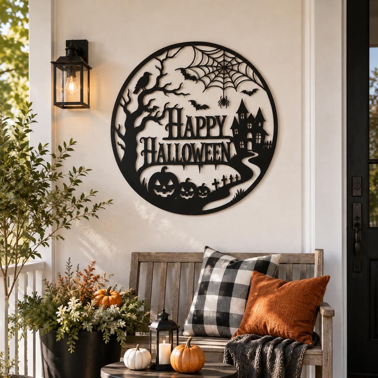 Halloween Door Sign, Metal Halloween Wall Art, Haunted House Decor, Pumpkin Wall Hanging, Gothic Halloween Porch Decor