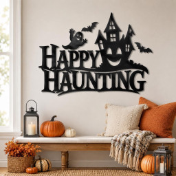 Halloween LED Metal Wall Art, Haunted House Ghost Bat Decor, Spooky Happy Haunting Sign, Black Halloween Wall Decor, Fall Porch Decoration