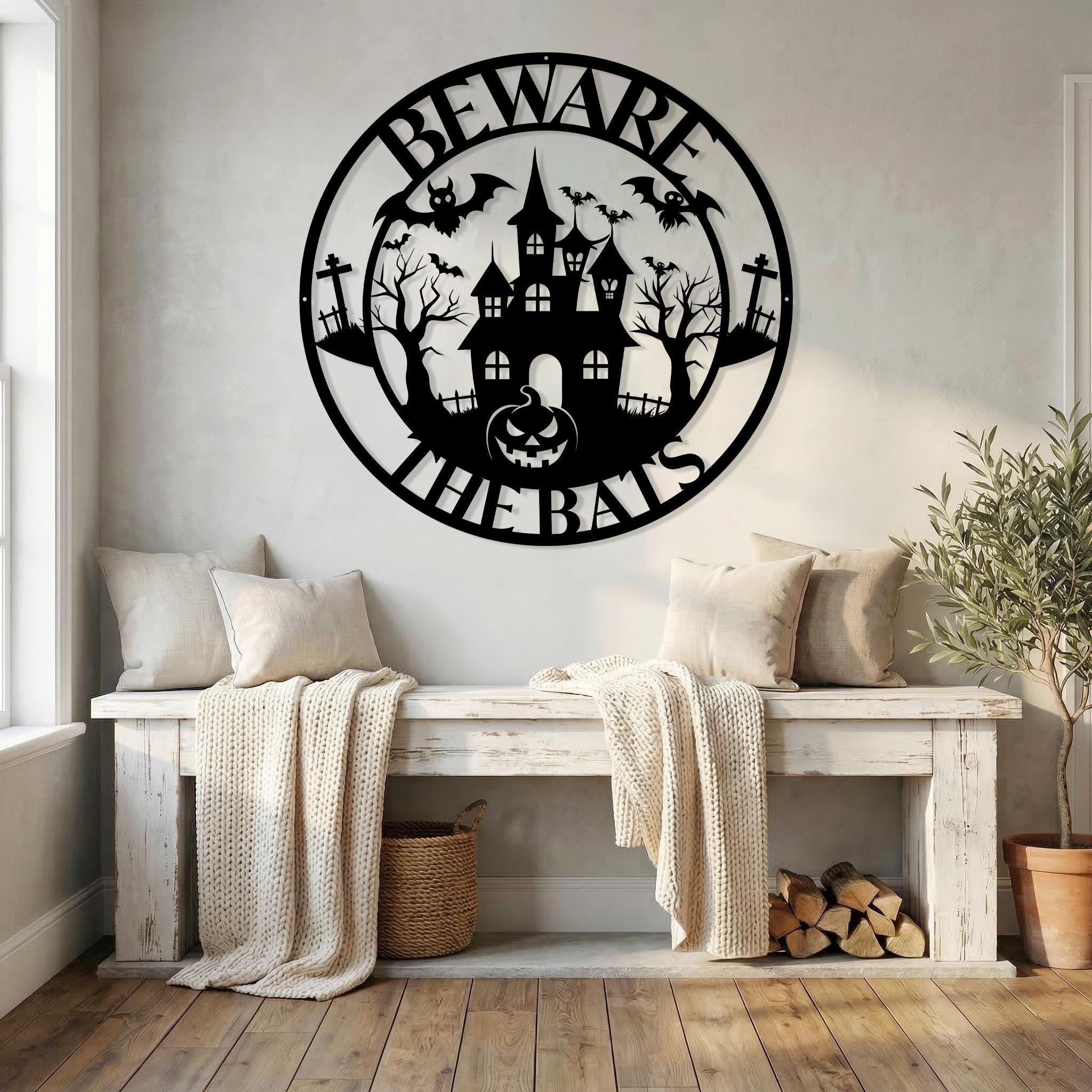 Halloween Gift Beware The Bats Halloween Metal Sign, Spooky Haunted House Bat Pumpkin Metal Wall Art, Indoor Farmhouse Halloween Home Decor