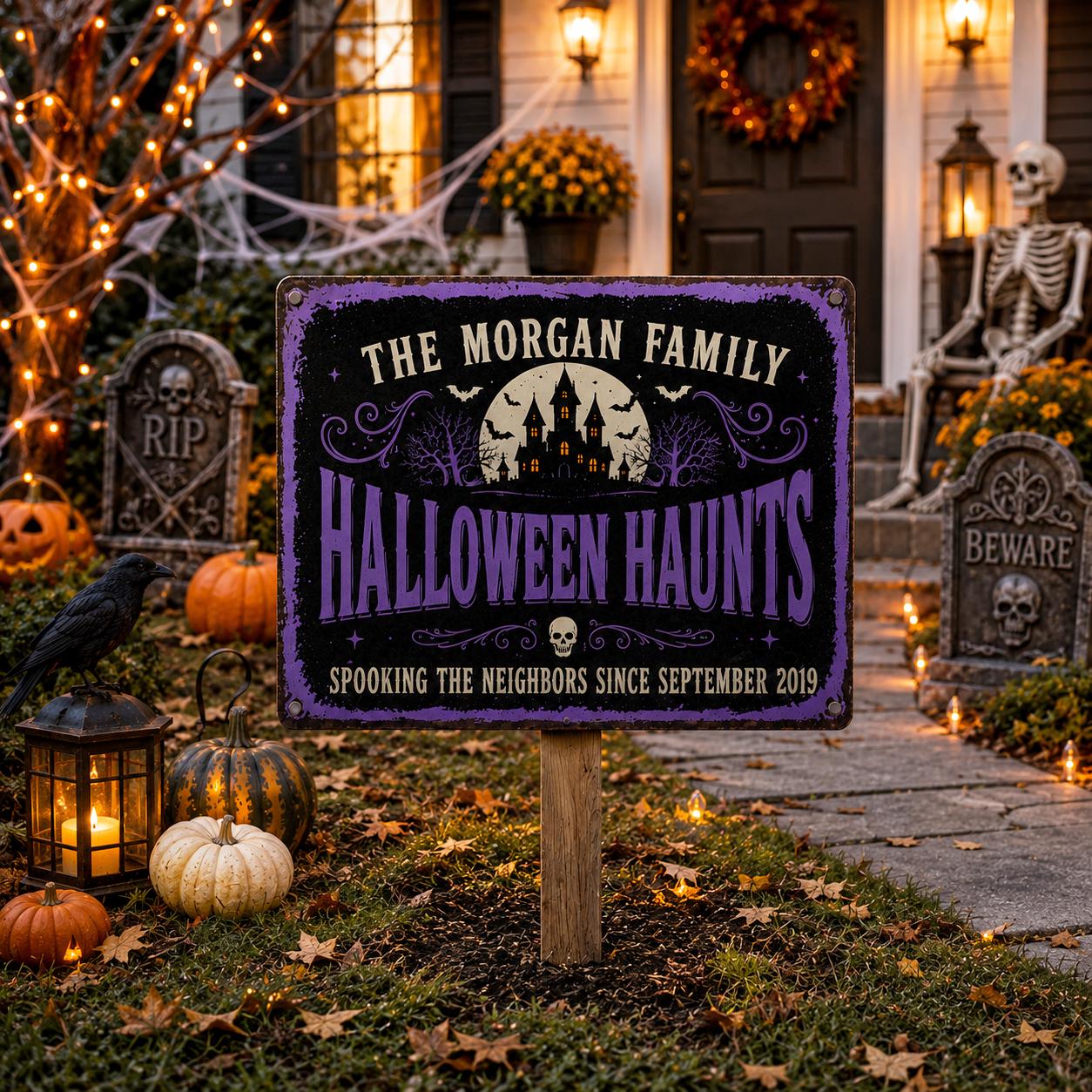 Personalized Halloween Metal Sign, Custom Family Name Haunted House Plaque, Vintage Garden Wall Decor, Gothic Halloween Home Gift