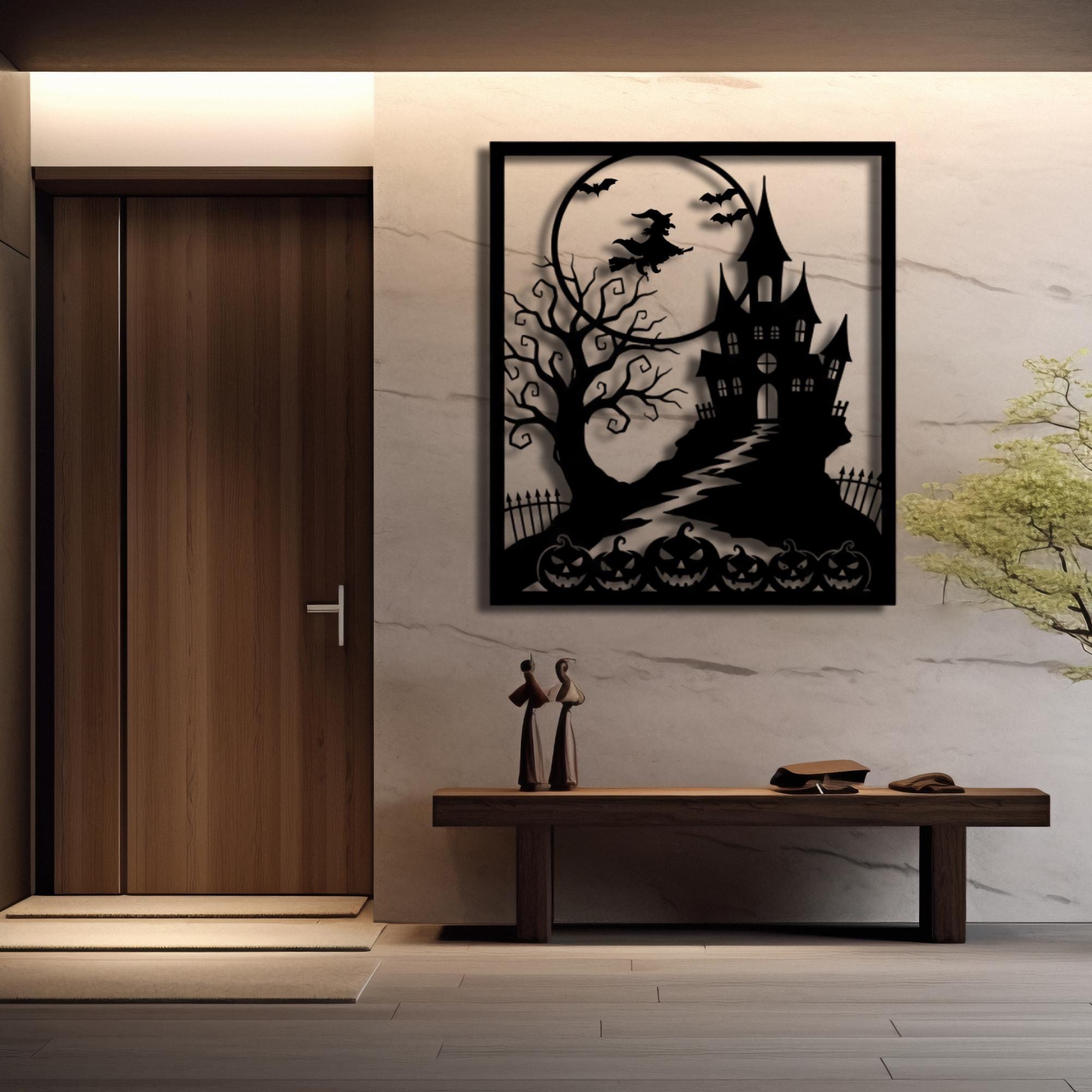 Halloween Metal Wall Art: Witch, Haunted House, Pumpkin & Bats
