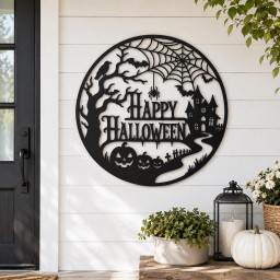 Halloween Door Sign, Metal Halloween Wall Art, Haunted House Decor, Pumpkin Wall Hanging, Gothic Halloween Porch Decor